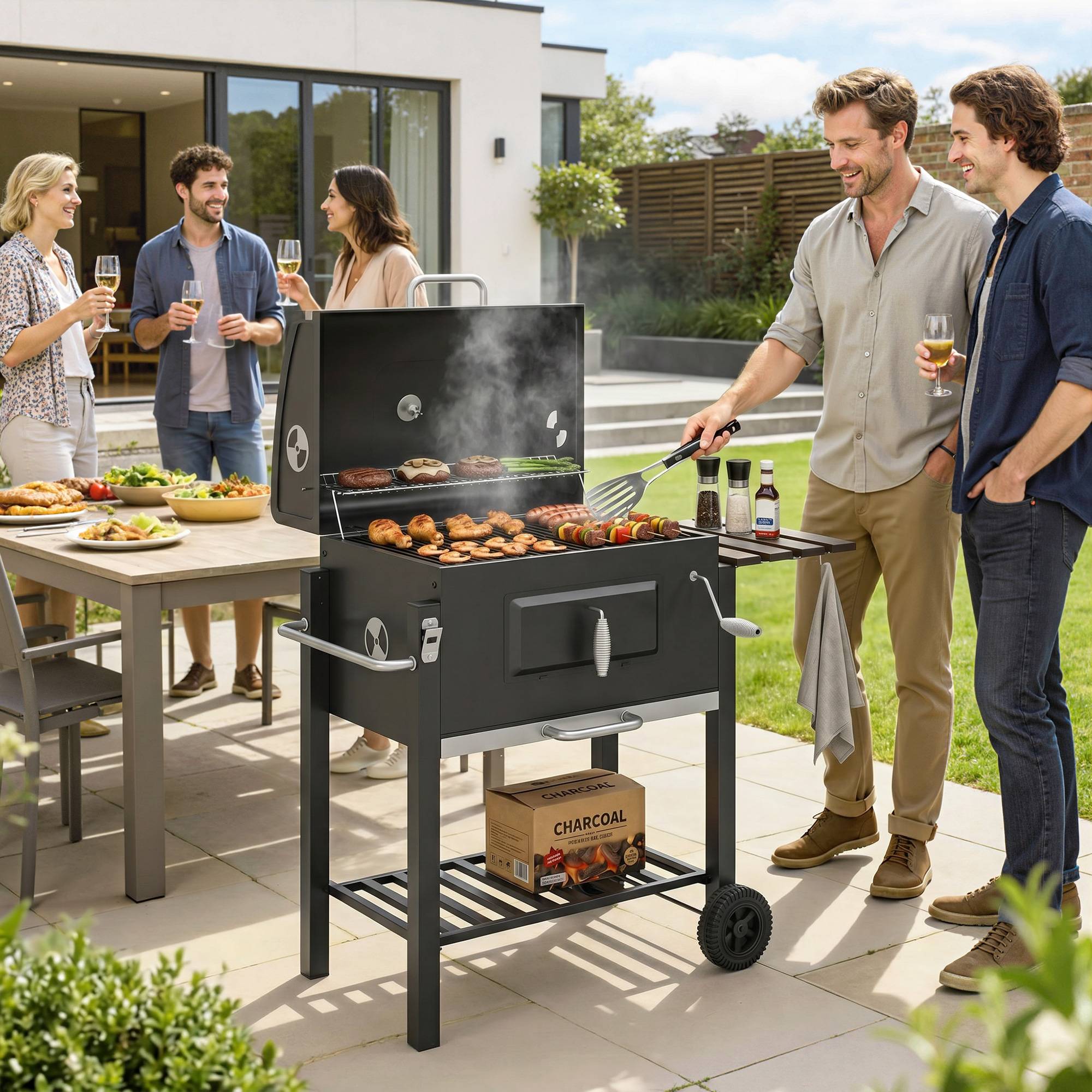 Sans Marque - Fumoir-barbecue à charbon de bois, 1 étagère, 1 porte-serviettes, 2 grilles de cuisson, 113 cm x 65 cm x 108 cm, noir - Image 4