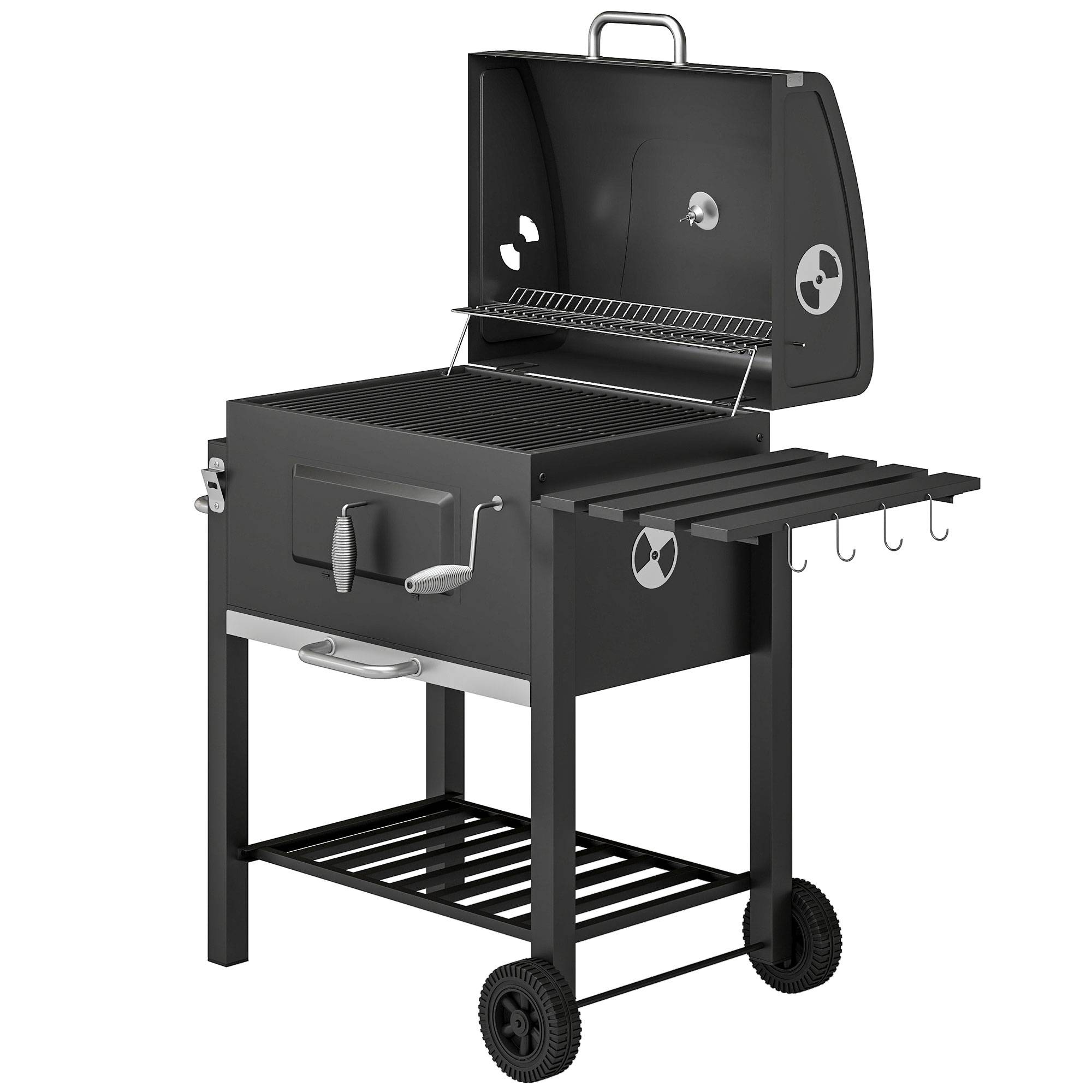 Sans Marque - Fumoir-barbecue à charbon de bois, 1 étagère, 1 porte-serviettes, 2 grilles de cuisson, 113 cm x 65 cm x 108 cm, noir - Image 2