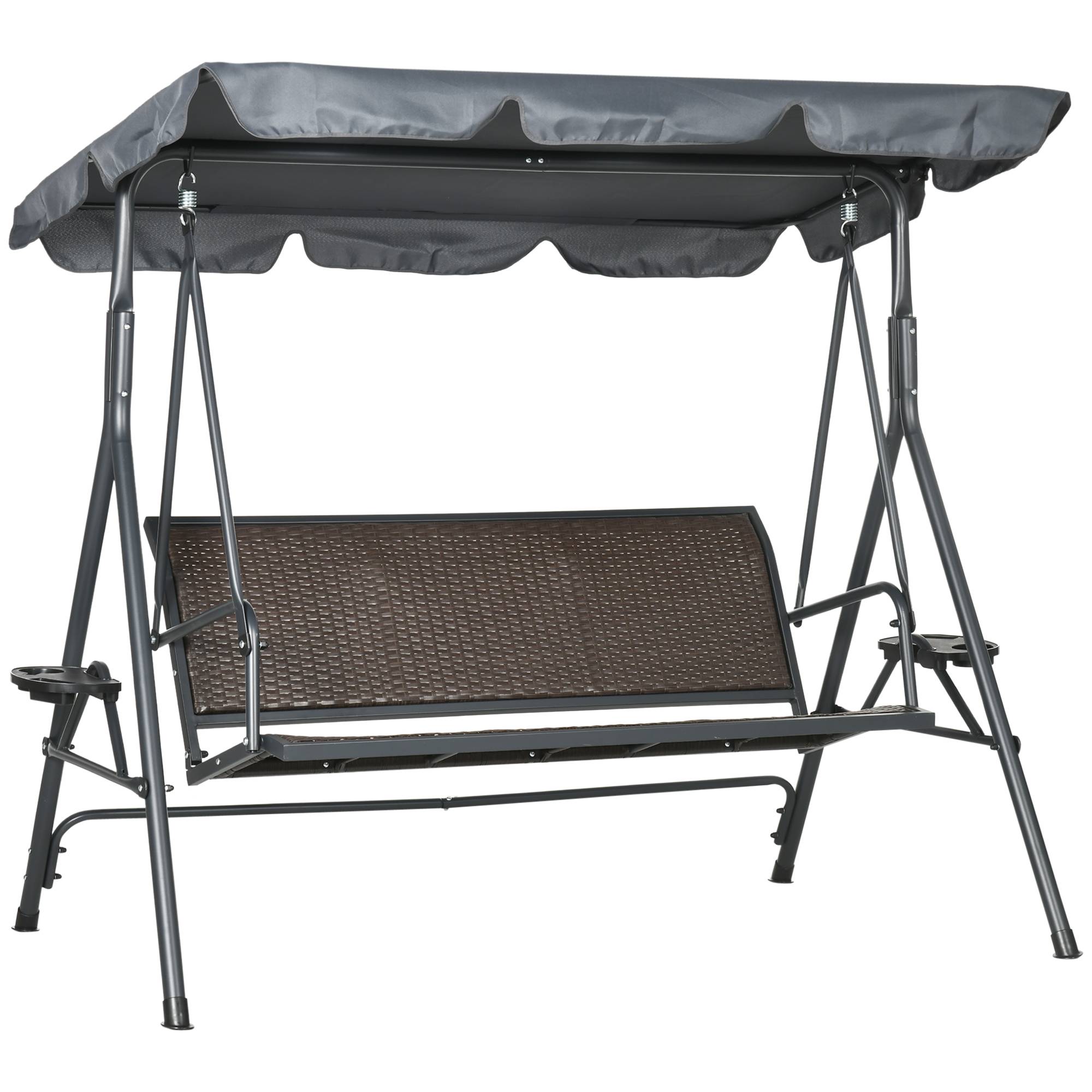 Outsunny - Balancelle de jardin 3 places - auvent réglable, plateaux porte-gobelets - résine tressée PE brun acier polyester gris - Outsunny - Image 1