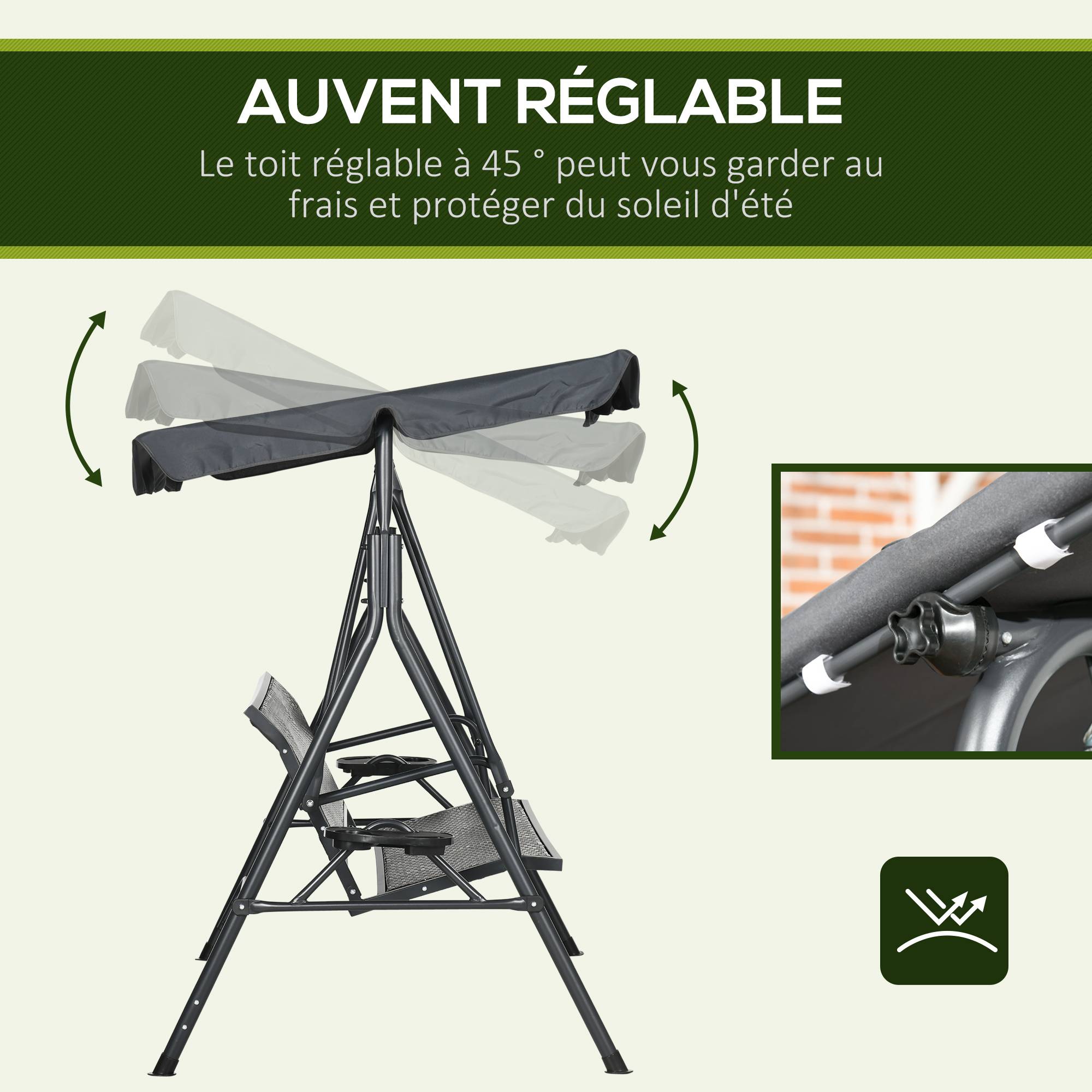 Outsunny - Balancelle de jardin 3 places - auvent réglable, plateaux porte-gobelets - résine tressée PE brun acier polyester gris - Outsunny - Image 5
