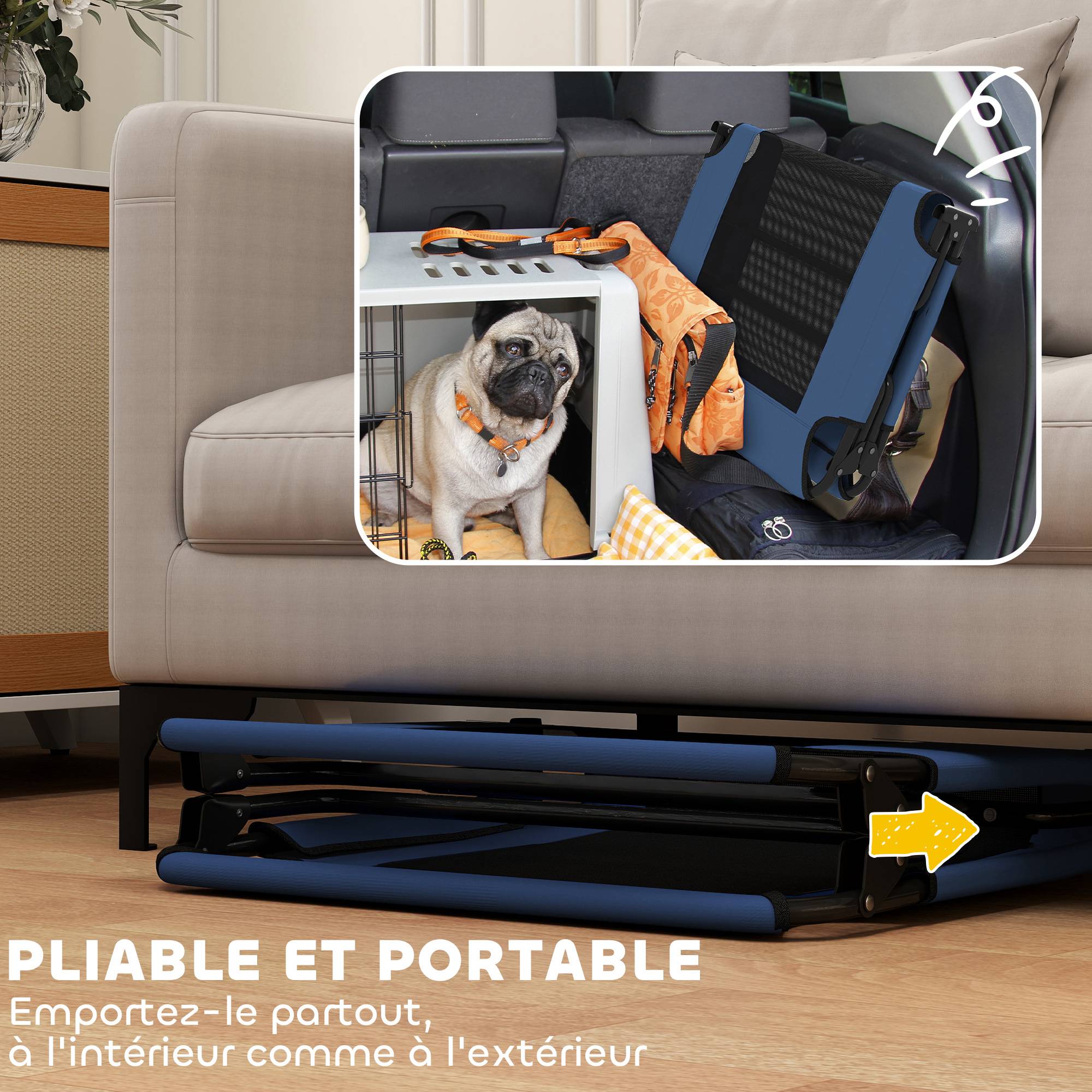 Lit surélevé pliable pour chien acier Oxford intérieur extérieur maille aérée 107cm bleu - ComfortXL Outdoor Living - Image 8