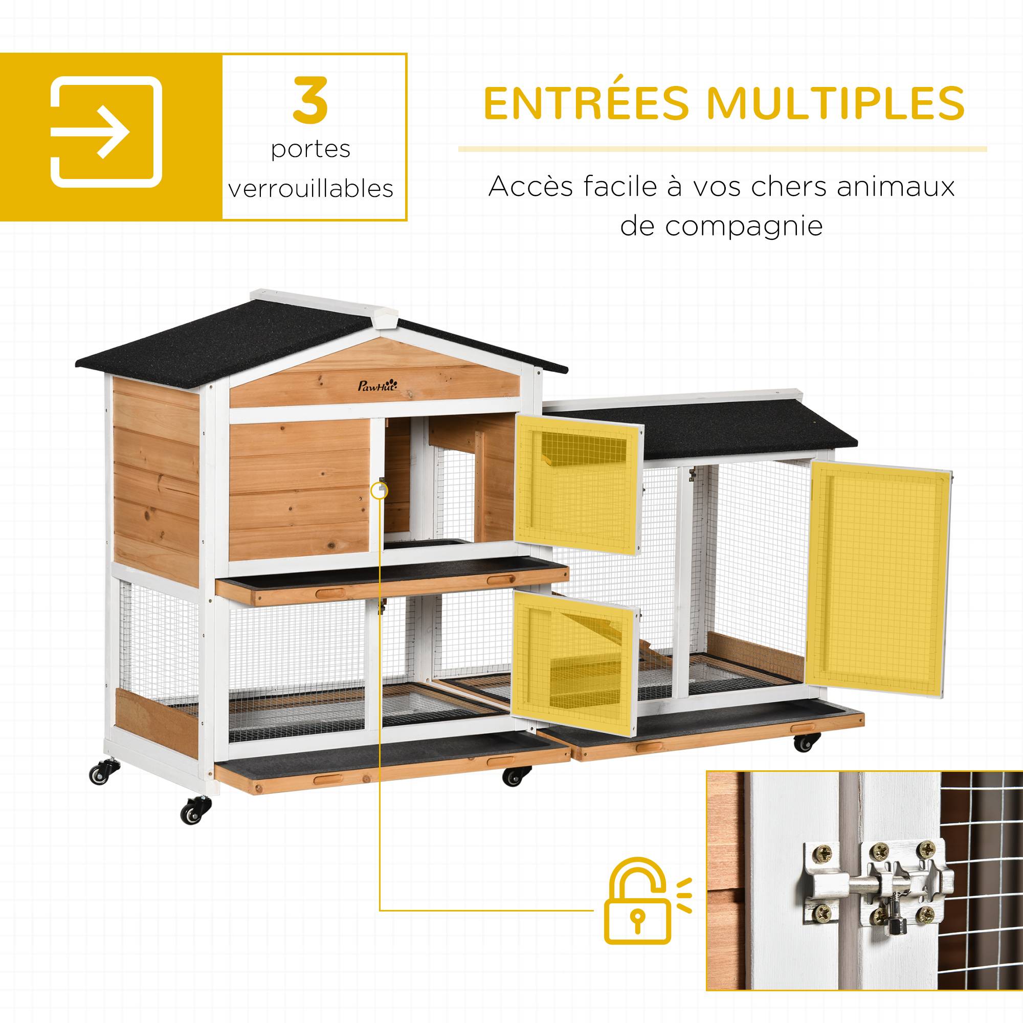 Clapier bois pour lapins petit enclos animaux villa pour lapin sur roulettes 2 étages 3 plateaux coulissants jaune - Image 10