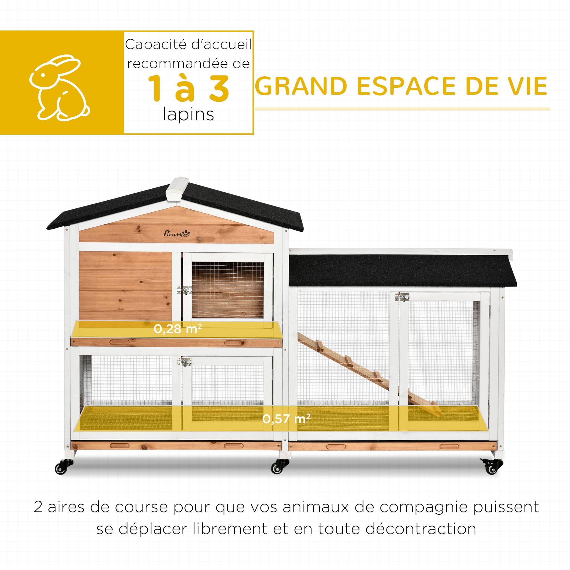 Clapier bois pour lapins petit enclos animaux villa pour lapin sur roulettes 2 étages 3 plateaux coulissants jaune - Image 6