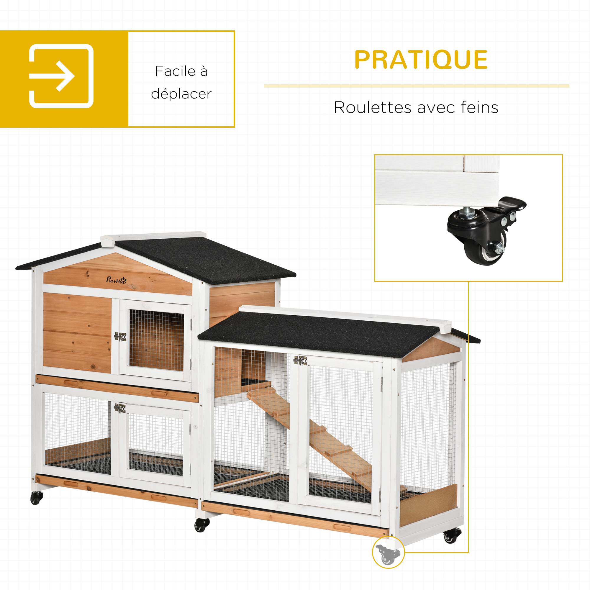 Clapier bois pour lapins petit enclos animaux villa pour lapin sur roulettes 2 étages 3 plateaux coulissants jaune - Image 7