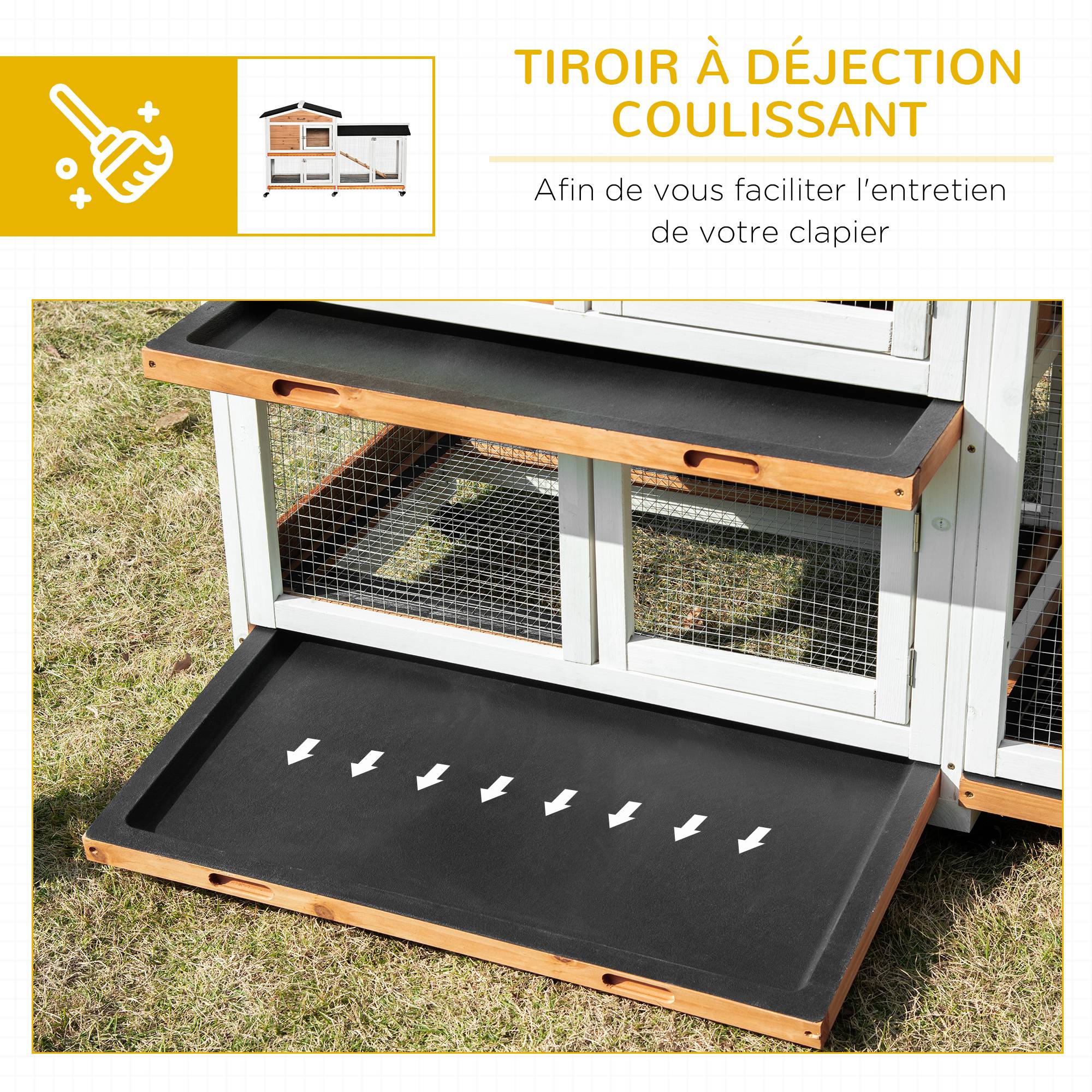 Clapier bois pour lapins petit enclos animaux villa pour lapin sur roulettes 2 étages 3 plateaux coulissants jaune - Image 9