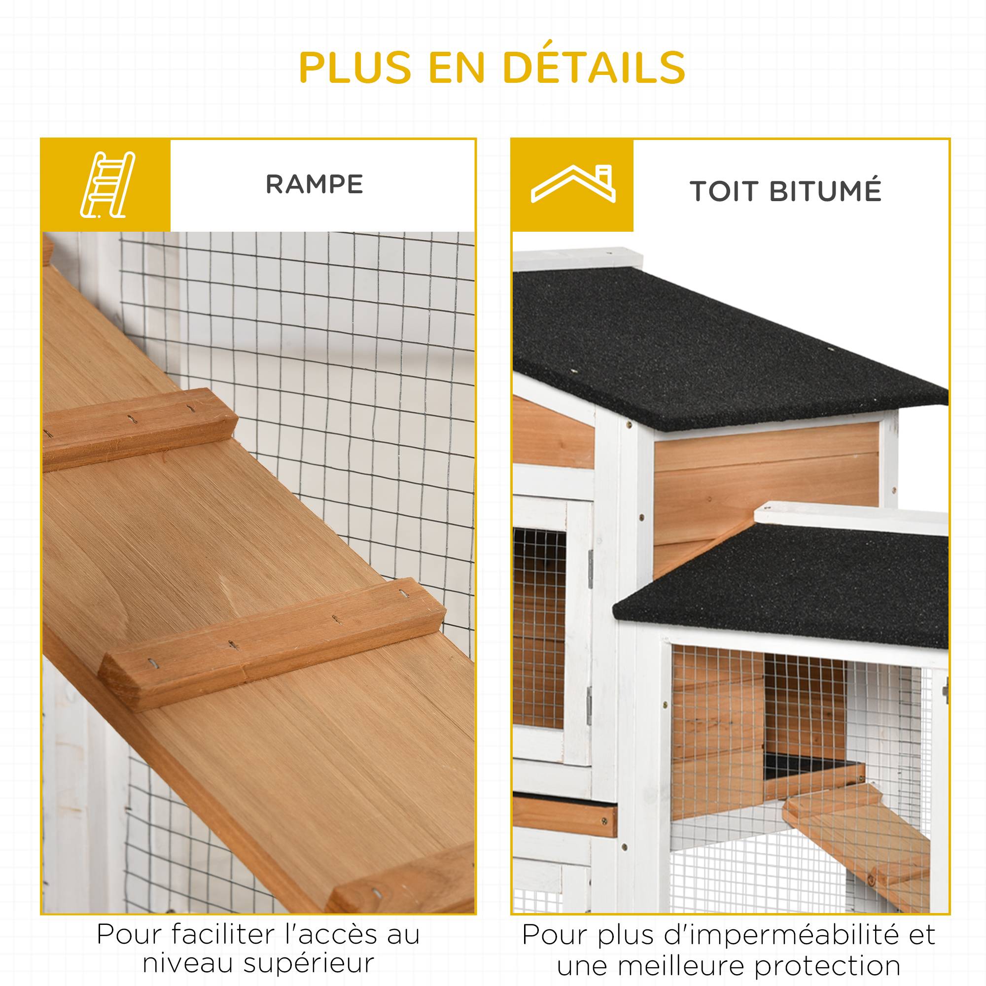 Clapier bois pour lapins petit enclos animaux villa pour lapin sur roulettes 2 étages 3 plateaux coulissants jaune - Image 8