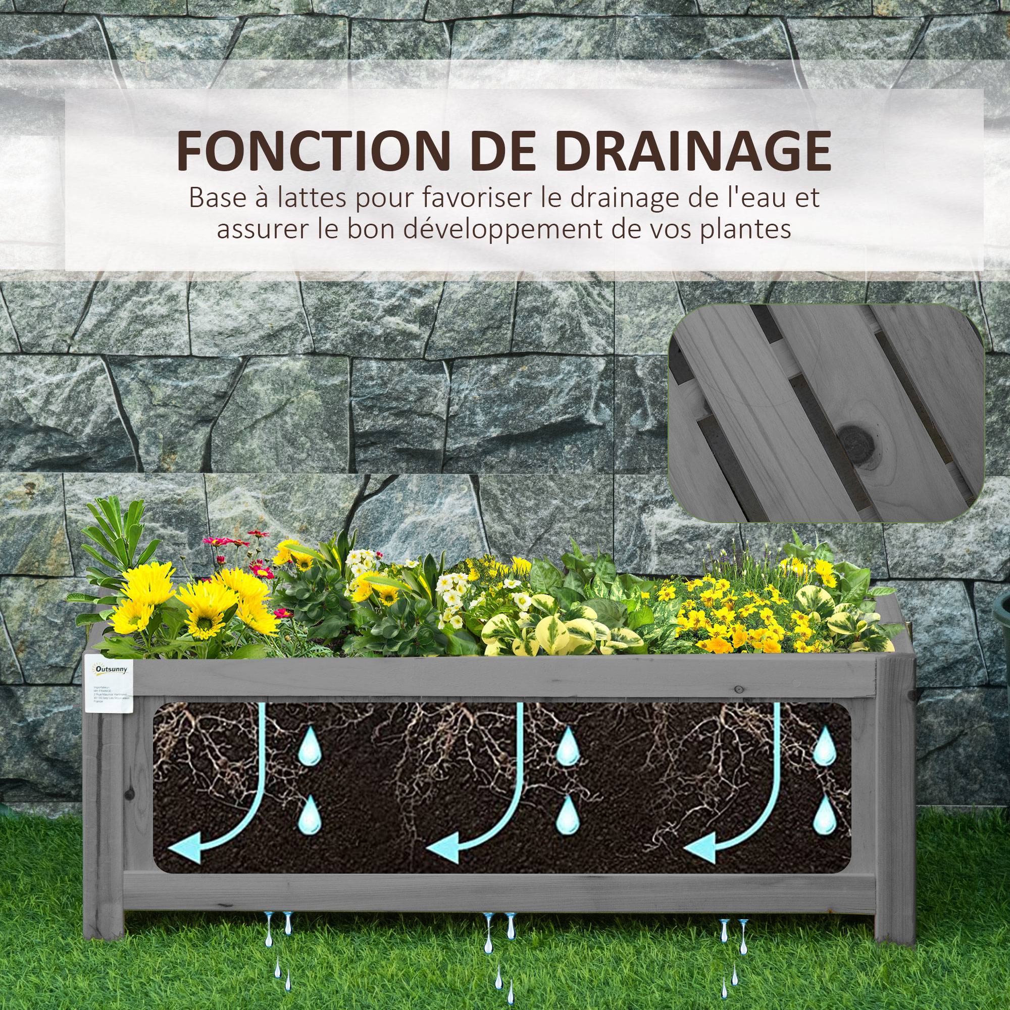Jardinière sur pieds bois gris 70 x 30 x 25 cm - PANGIVO - Image 7