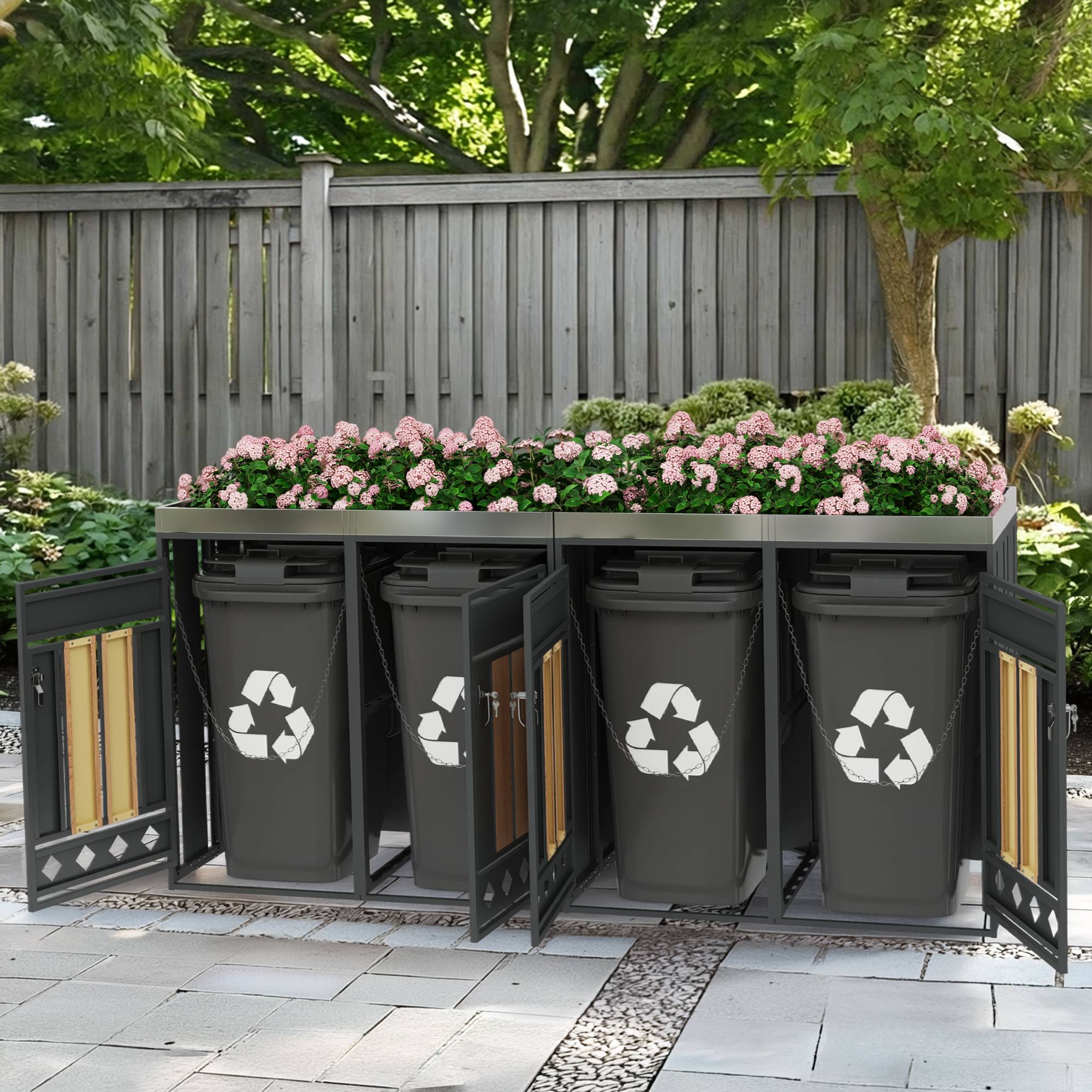 Mülltonnenbox avec compartiments de stockage, métal gris et bois, 132 x 80 x 124.5 cm - PANGIVO - Image 5