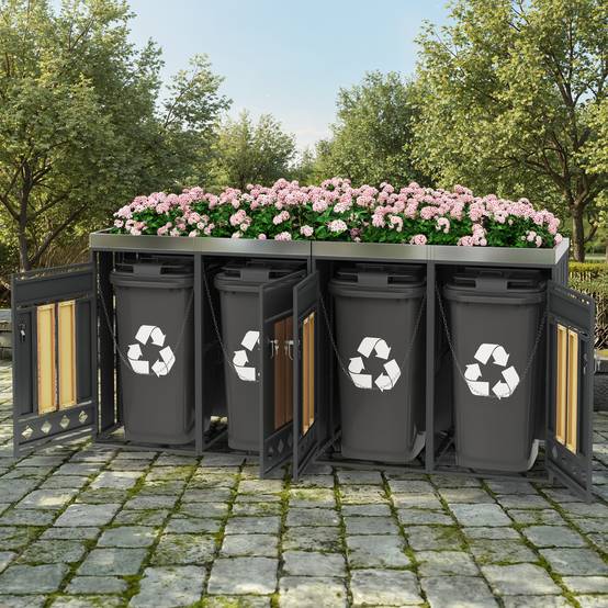 Mülltonnenbox avec compartiments de stockage, métal gris et bois, 132 x 80 x 124.5 cm - PANGIVO - Image 10