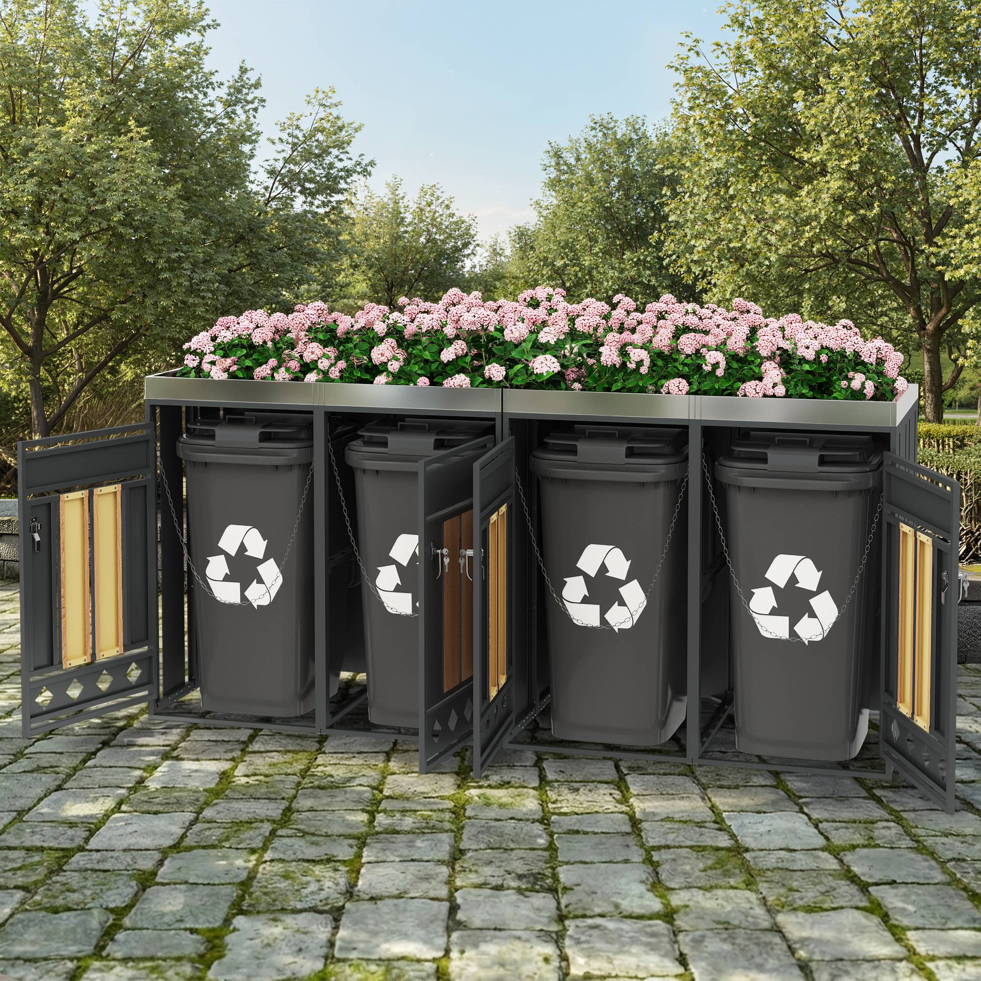 Mülltonnenbox avec compartiments de stockage, métal gris et bois, 132 x 80 x 124.5 cm - PANGIVO - Image 10