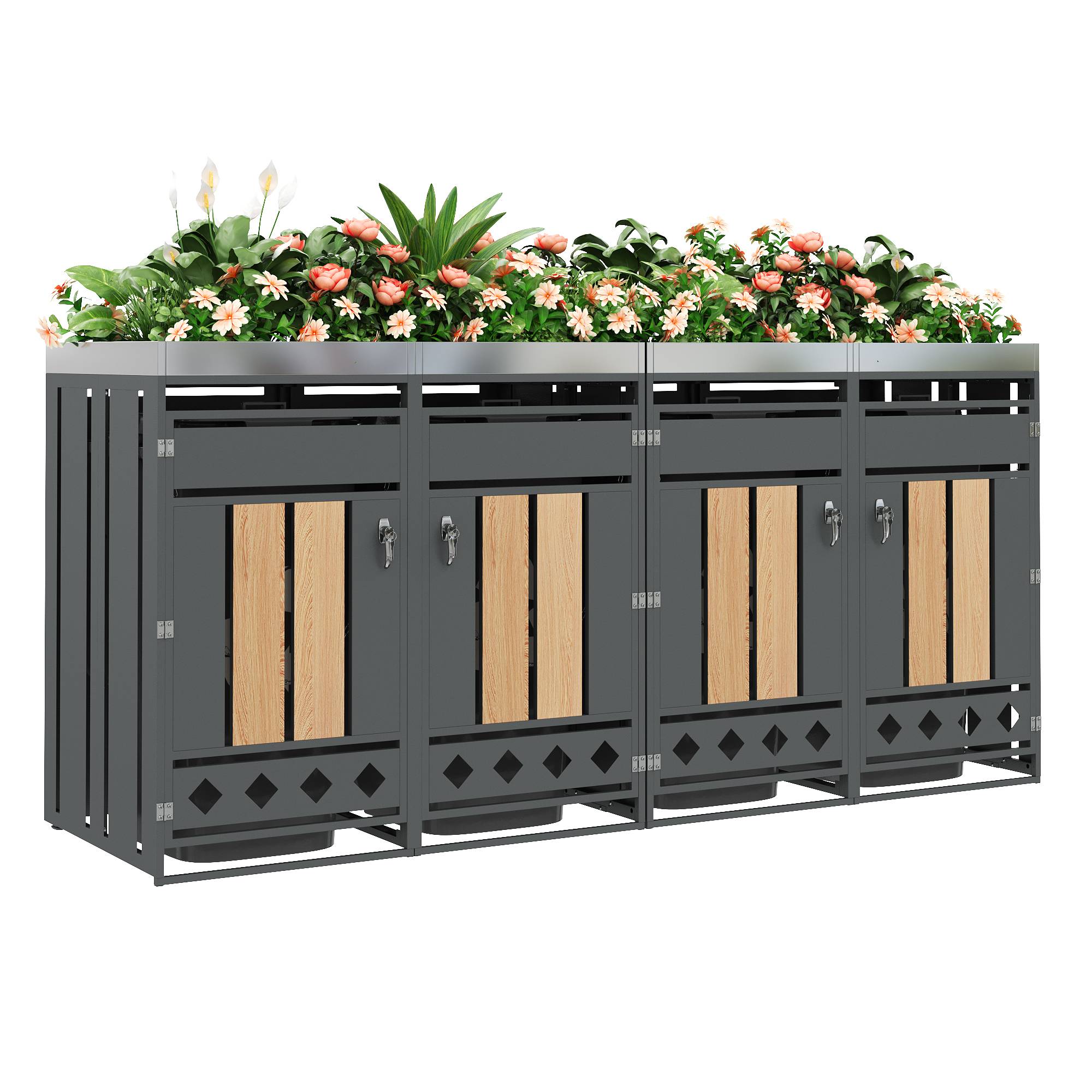 Mülltonnenbox avec compartiments de stockage, métal gris et bois, 132 x 80 x 124.5 cm - PANGIVO - Image 1