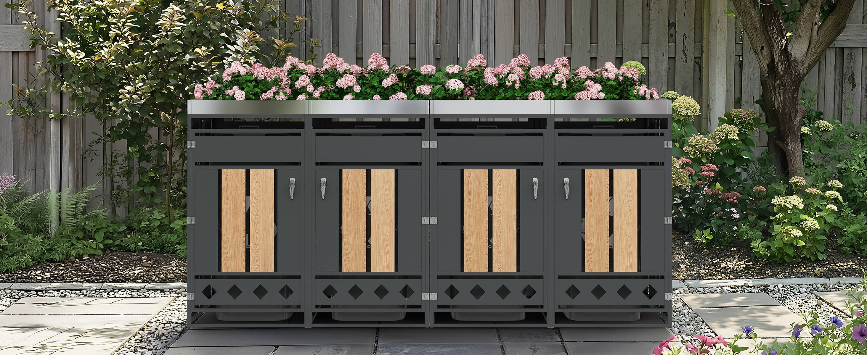 Mülltonnenbox avec compartiments de stockage, métal gris et bois, 132 x 80 x 124.5 cm - PANGIVO - Image 7