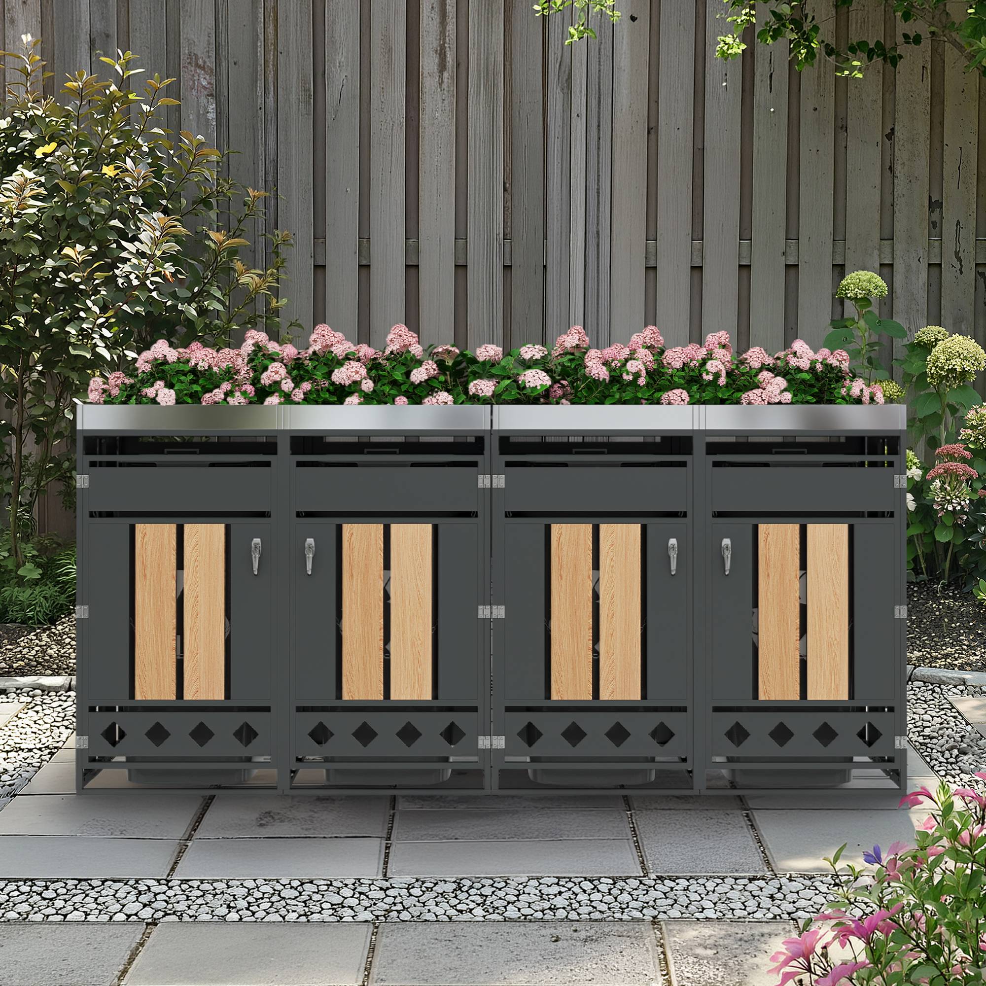 Mülltonnenbox avec compartiments de stockage, métal gris et bois, 132 x 80 x 124.5 cm - PANGIVO - Image 2