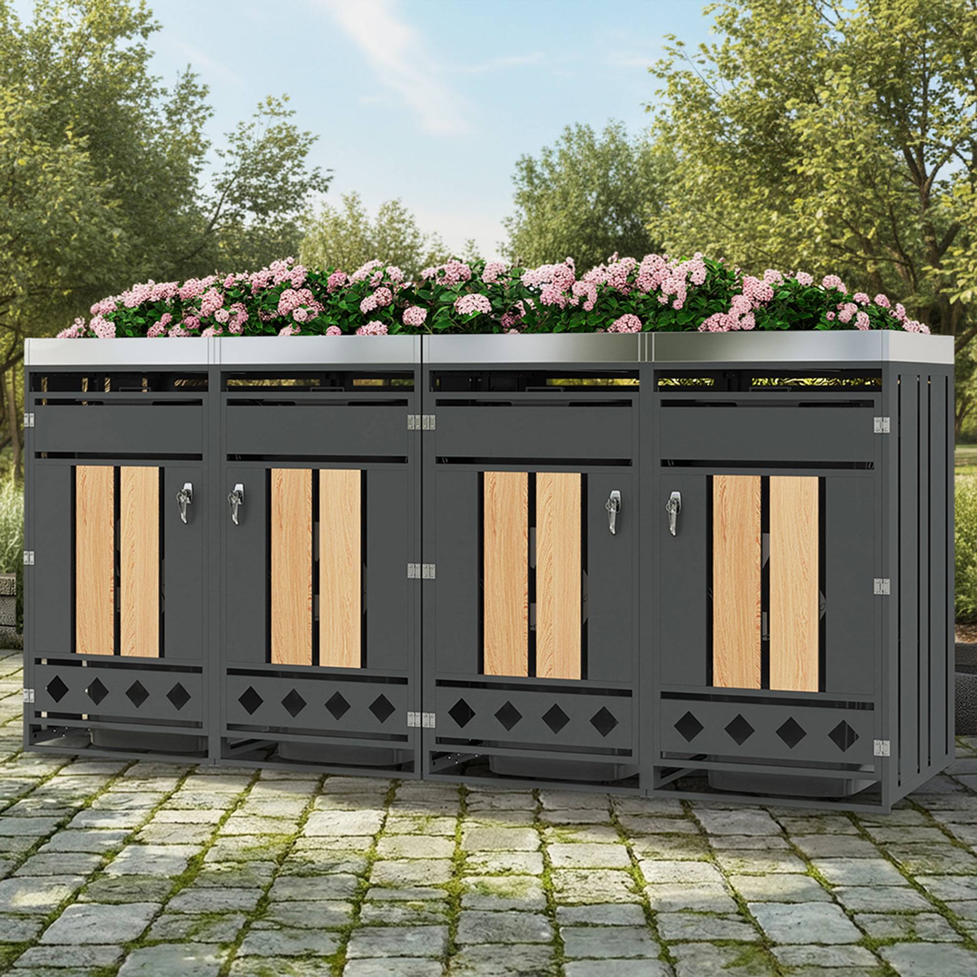 Mülltonnenbox avec compartiments de stockage, métal gris et bois, 132 x 80 x 124.5 cm - PANGIVO - Image 9