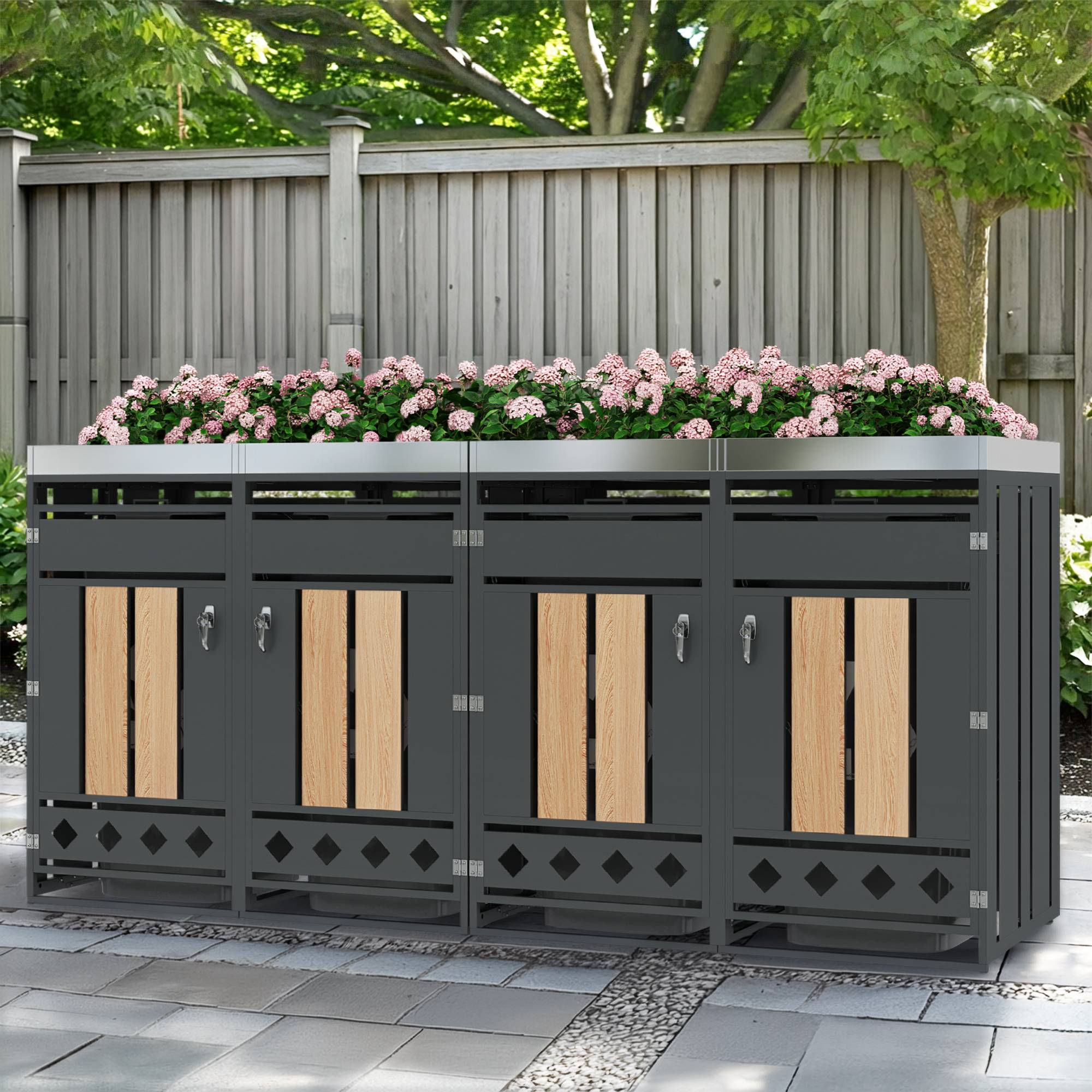 Mülltonnenbox avec compartiments de stockage, métal gris et bois, 132 x 80 x 124.5 cm - PANGIVO - Image 3