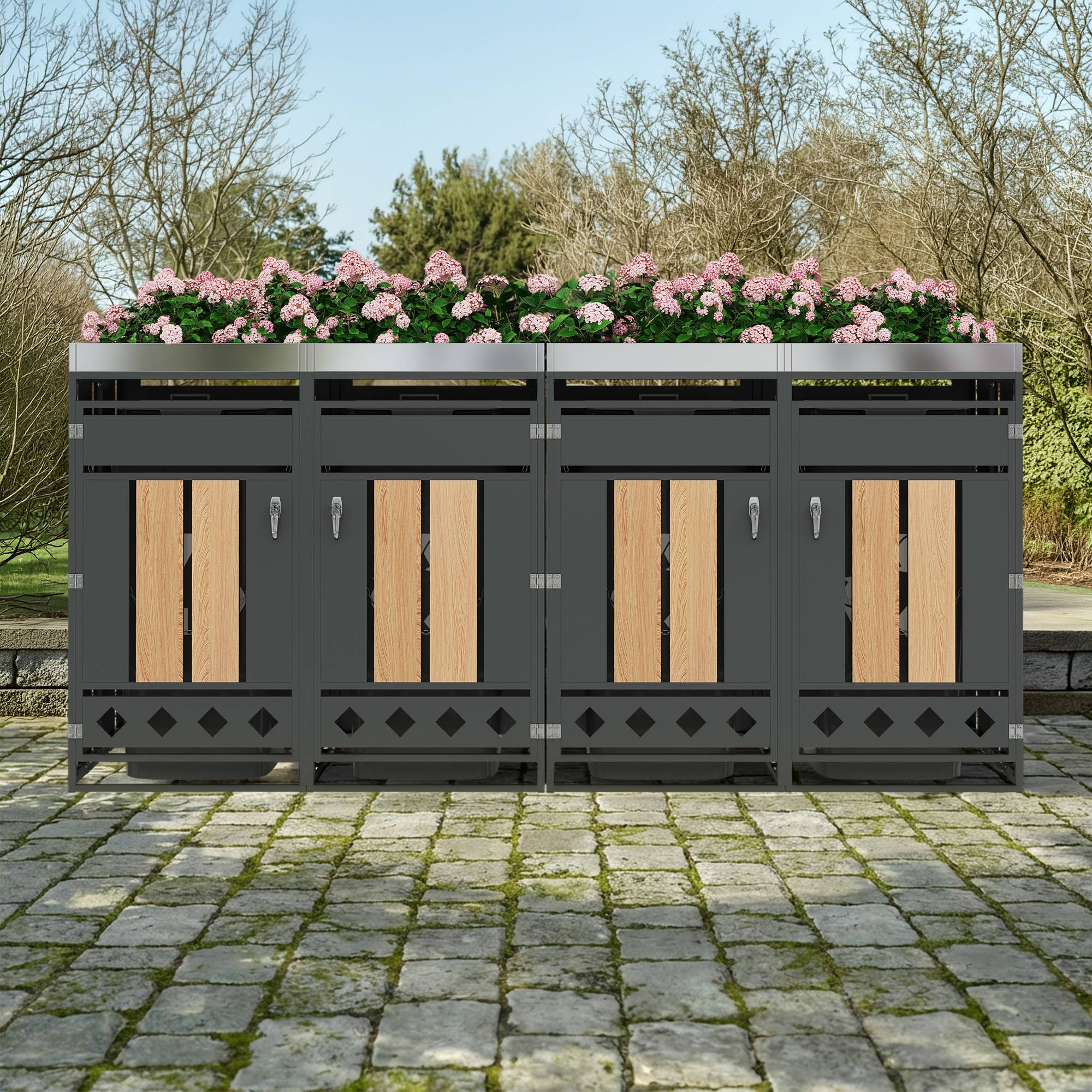 Mülltonnenbox avec compartiments de stockage, métal gris et bois, 132 x 80 x 124.5 cm - PANGIVO - Image 8