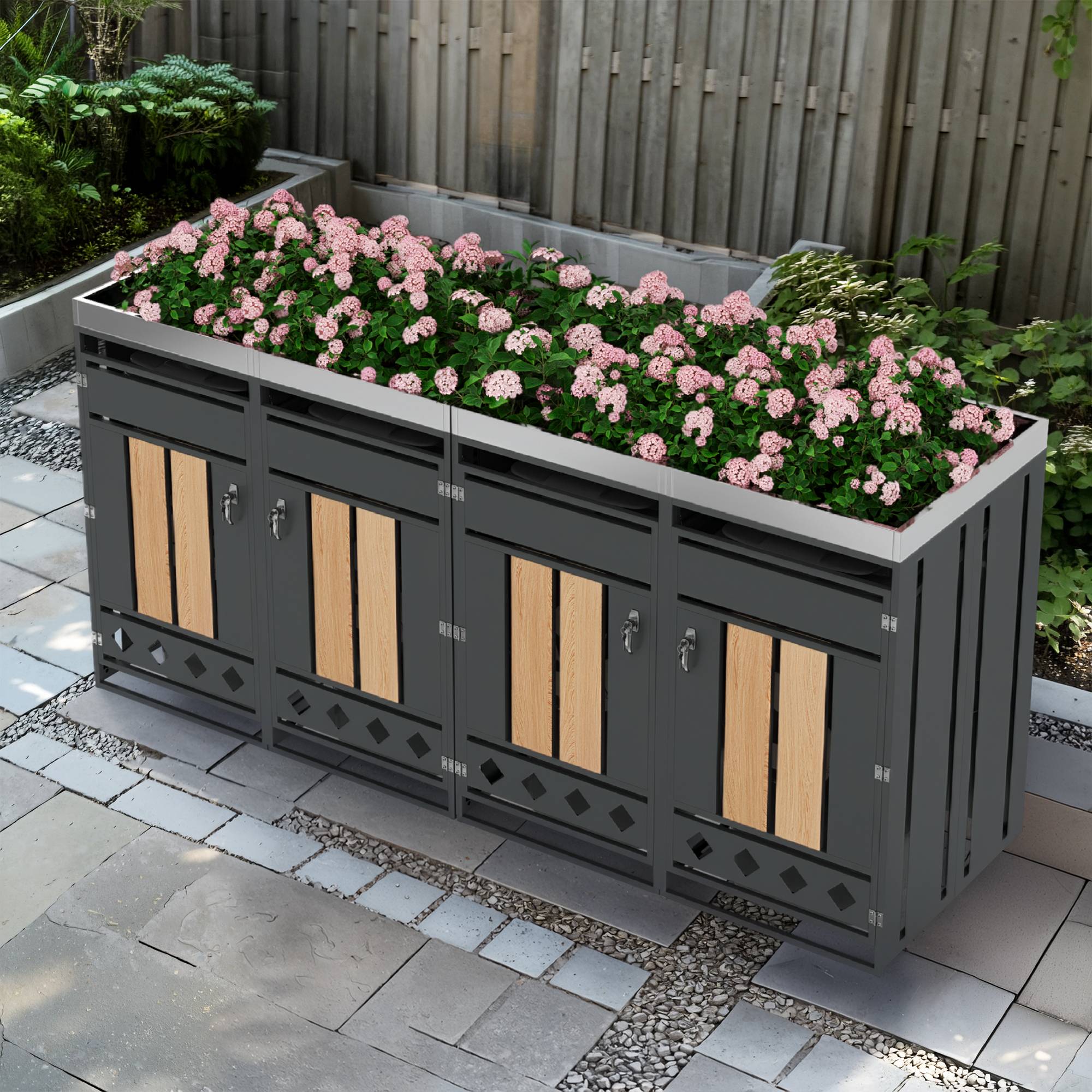 Mülltonnenbox avec compartiments de stockage, métal gris et bois, 132 x 80 x 124.5 cm - PANGIVO - Image 6