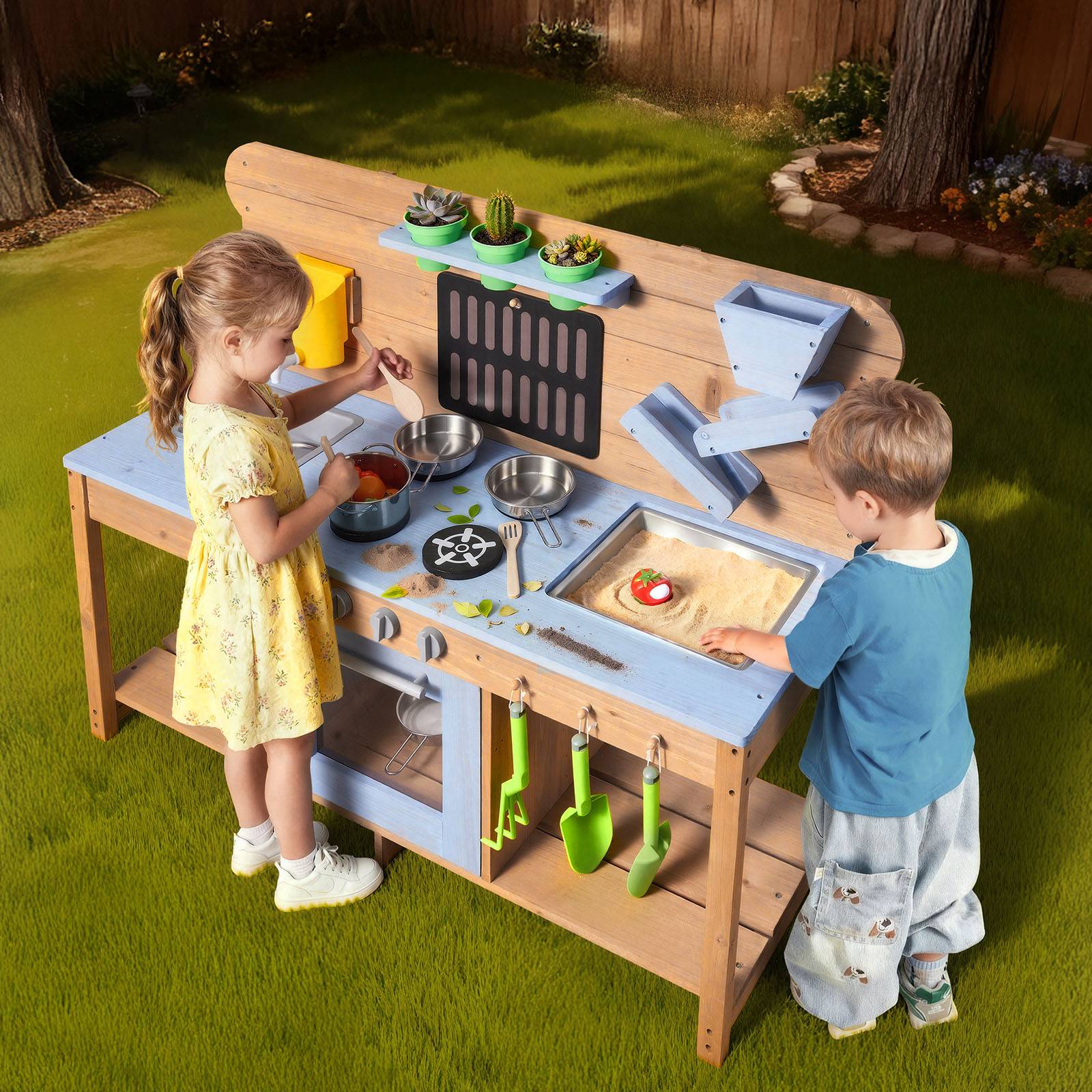 Vevor - VEVOR Cuisine à boue 122 cm en sapin, jeu extérieur enfant avec eau et sable, 4 plaques, double évier, robinet fonctionnel et accessoires inclus. - Image 8