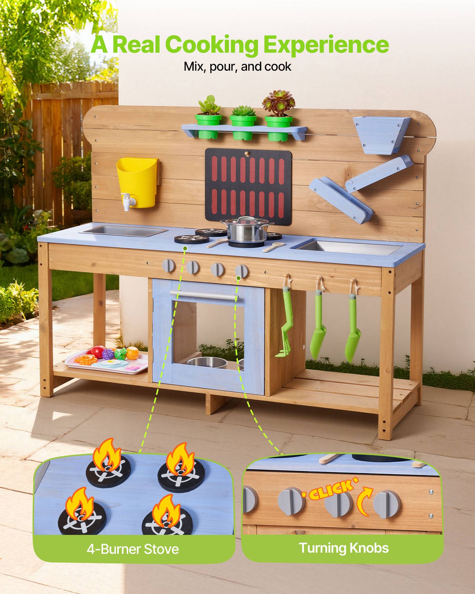 Vevor - VEVOR Cuisine à boue 122 cm en sapin, jeu extérieur enfant avec eau et sable, 4 plaques, double évier, robinet fonctionnel et accessoires inclus. - Image 4