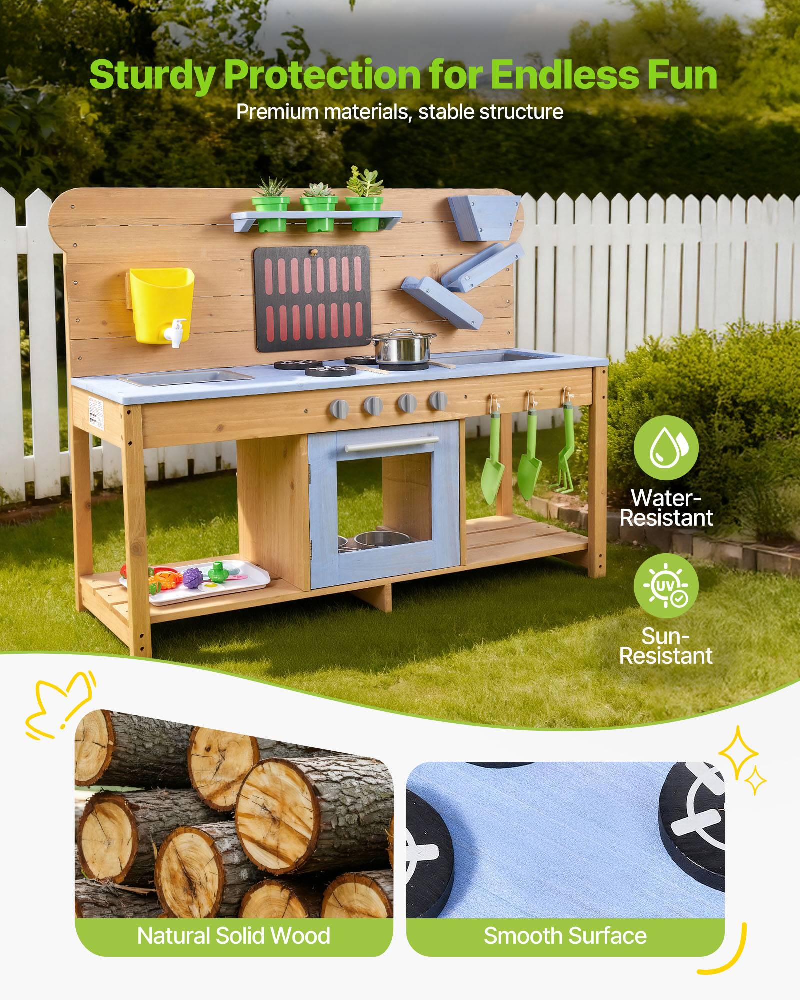 Vevor - VEVOR Cuisine à boue 122 cm en sapin, jeu extérieur enfant avec eau et sable, 4 plaques, double évier, robinet fonctionnel et accessoires inclus. - Image 3