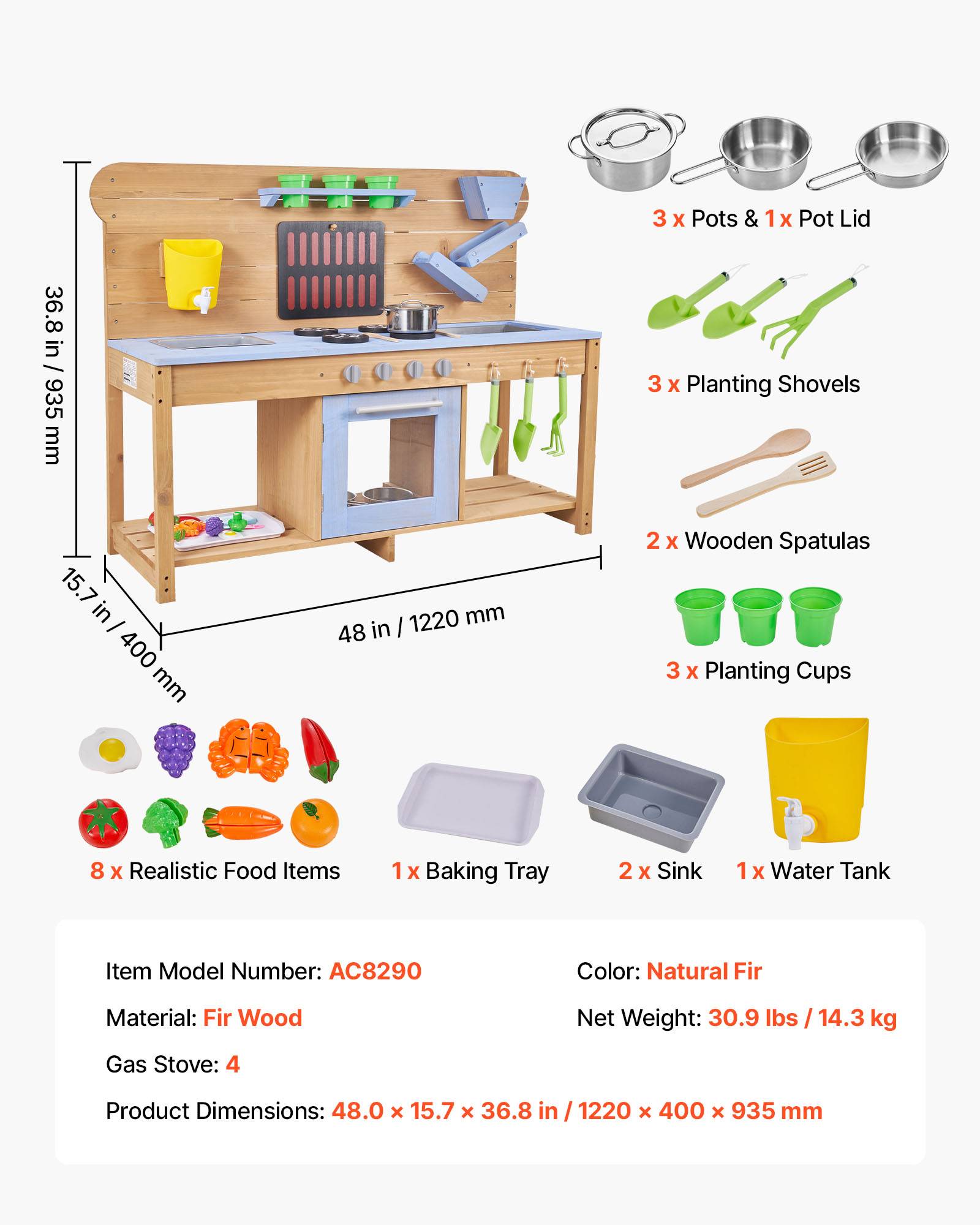 Vevor - VEVOR Cuisine à boue 122 cm en sapin, jeu extérieur enfant avec eau et sable, 4 plaques, double évier, robinet fonctionnel et accessoires inclus. - Image 6