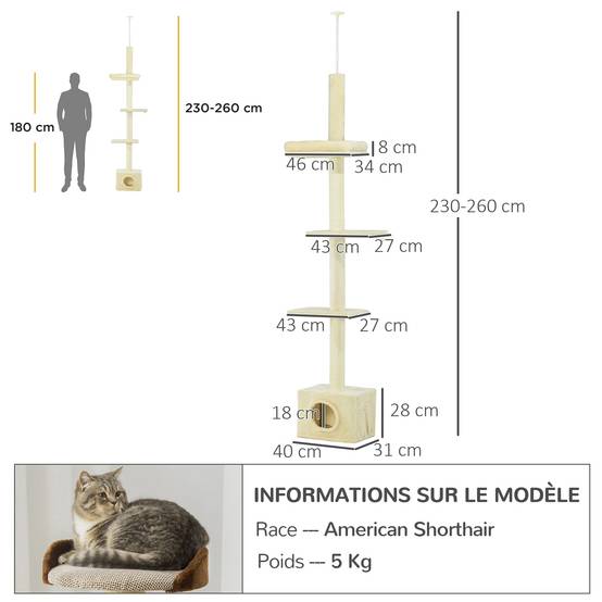 Arbre à chat plafond MDF et sisal naturel 40 x 31 x 270 cm - PANGIVO - Image 5