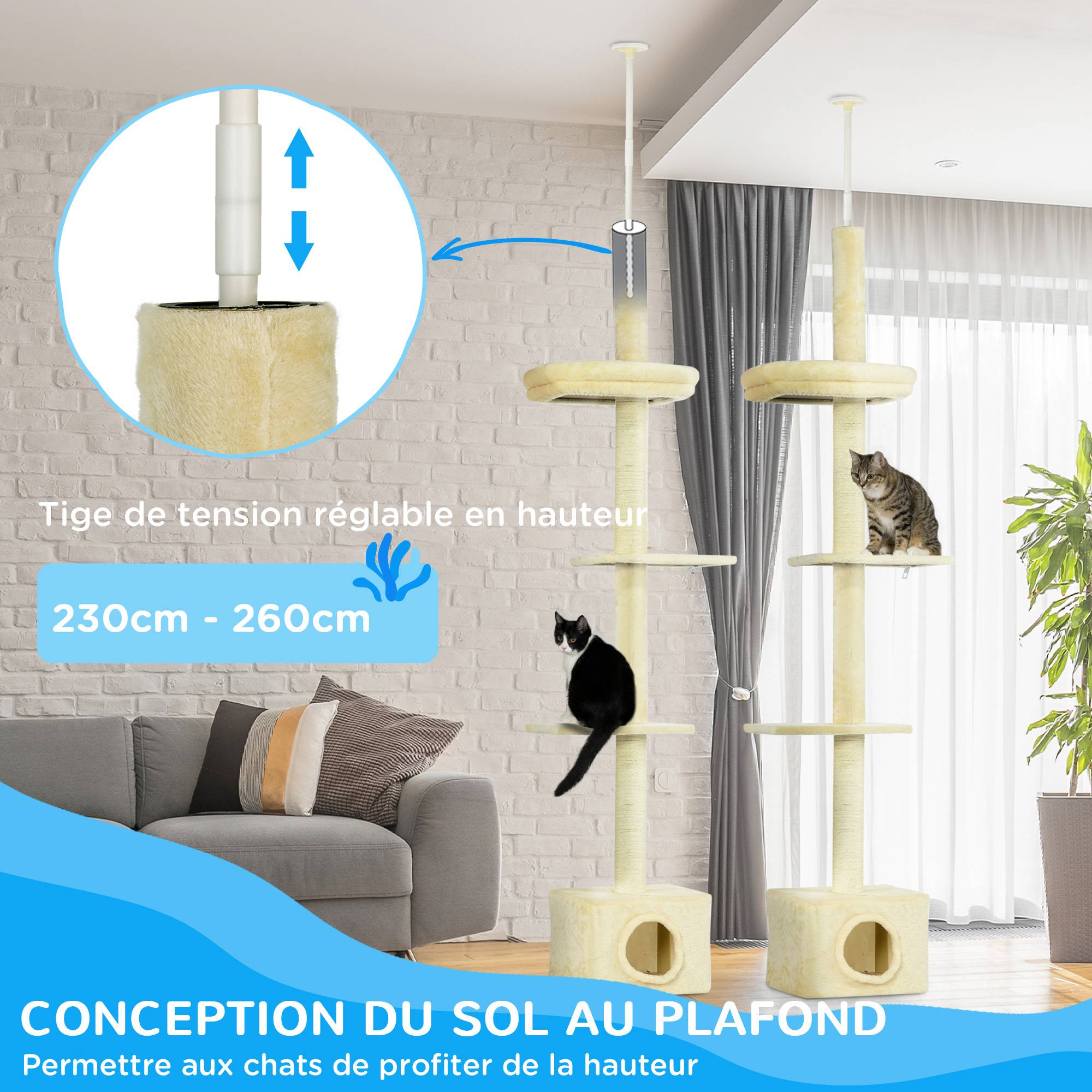 Arbre à chat plafond MDF et sisal naturel 40 x 31 x 270 cm - PANGIVO - Image 7