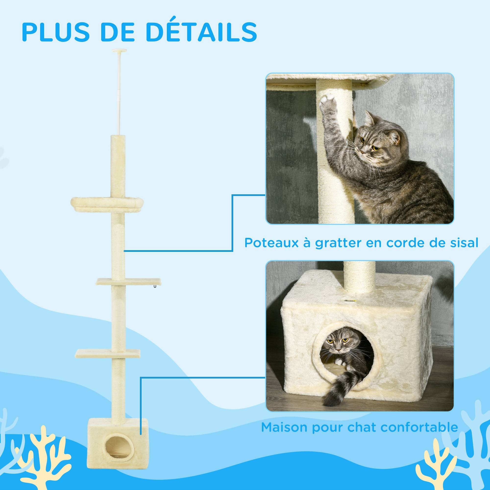 Arbre à chat plafond MDF et sisal naturel 40 x 31 x 270 cm - PANGIVO - Image 8