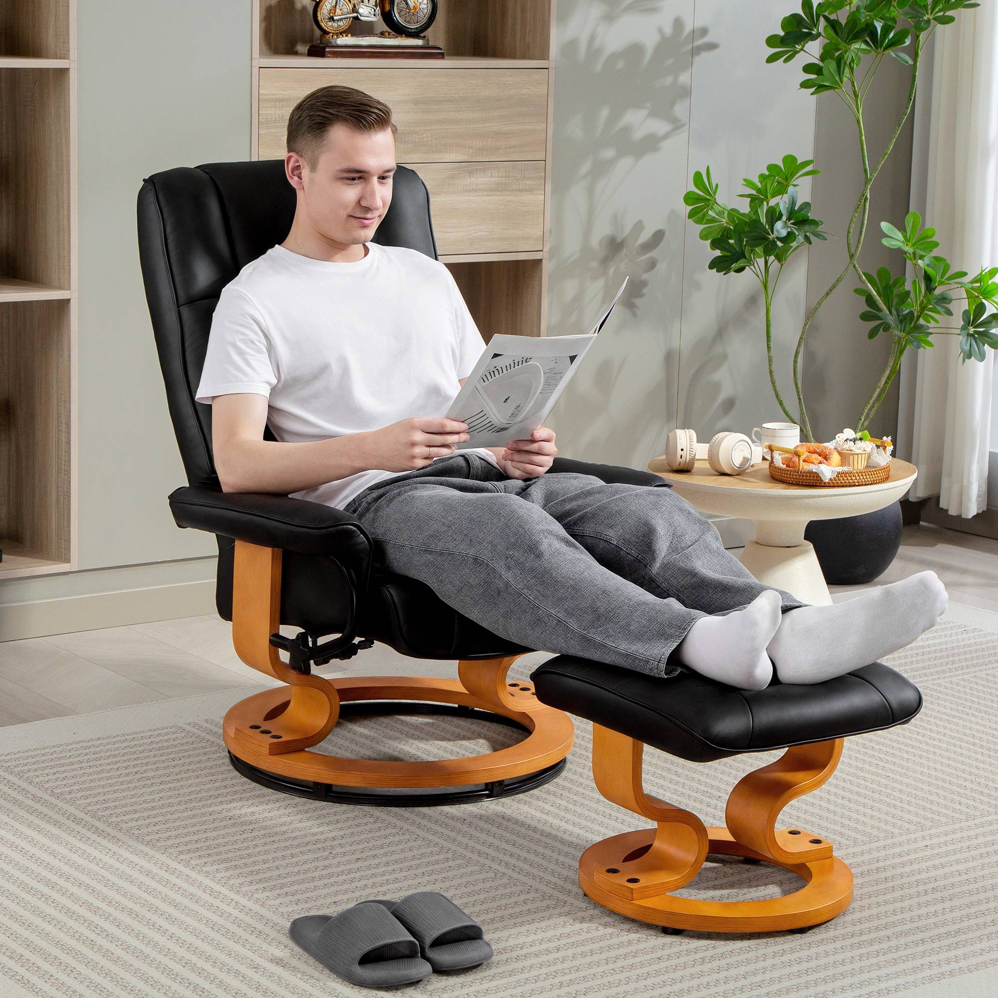 Fauteuil de relaxation inclinable avec repose-pied, pivotant, cadre en bois , revêtement synthétique noir - Image 3