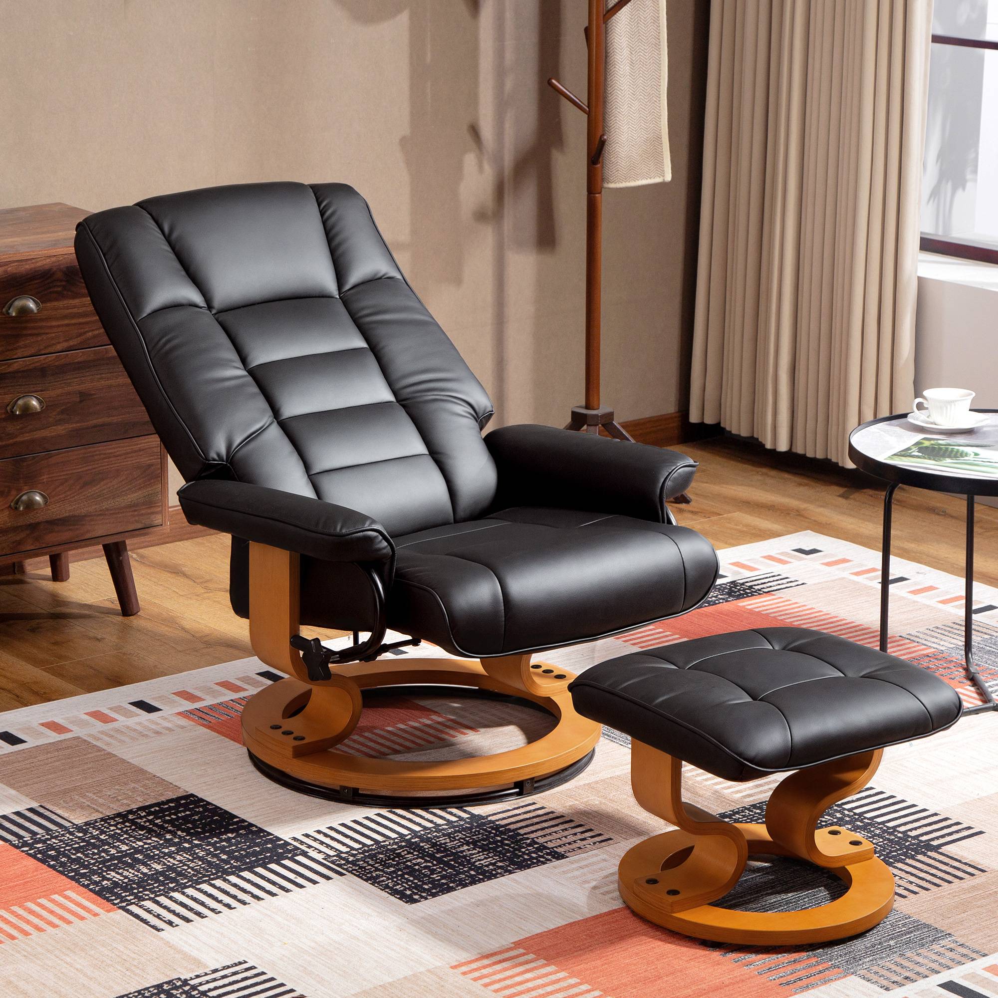 Fauteuil de relaxation inclinable avec repose-pied, pivotant, cadre en bois , revêtement synthétique noir - Image 4