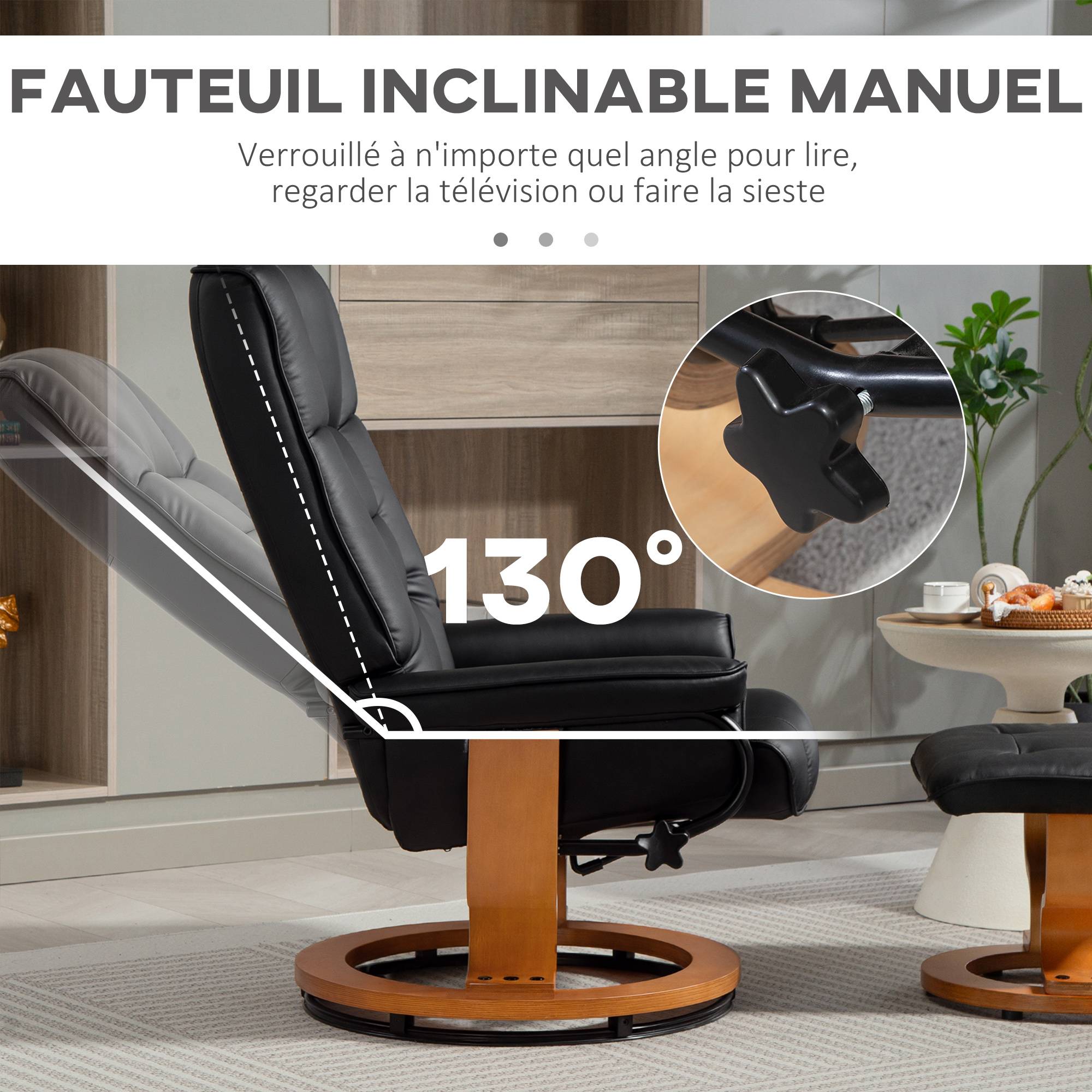 Fauteuil de relaxation inclinable avec repose-pied, pivotant, cadre en bois , revêtement synthétique noir - Image 6