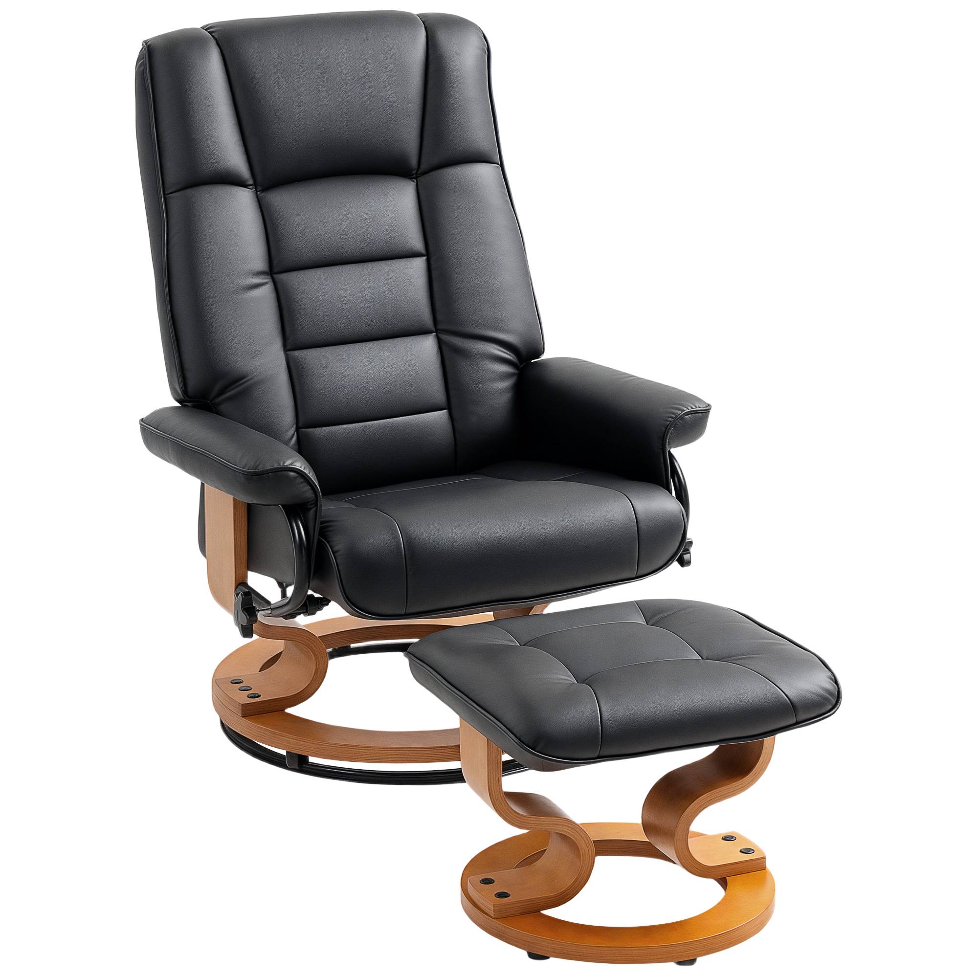 Fauteuil de relaxation inclinable avec repose-pied, pivotant, cadre en bois , revêtement synthétique noir - Image 1
