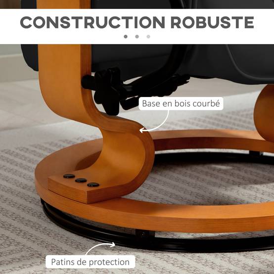 Fauteuil de relaxation inclinable avec repose-pied, pivotant, cadre en bois , revêtement synthétique noir - Image 9
