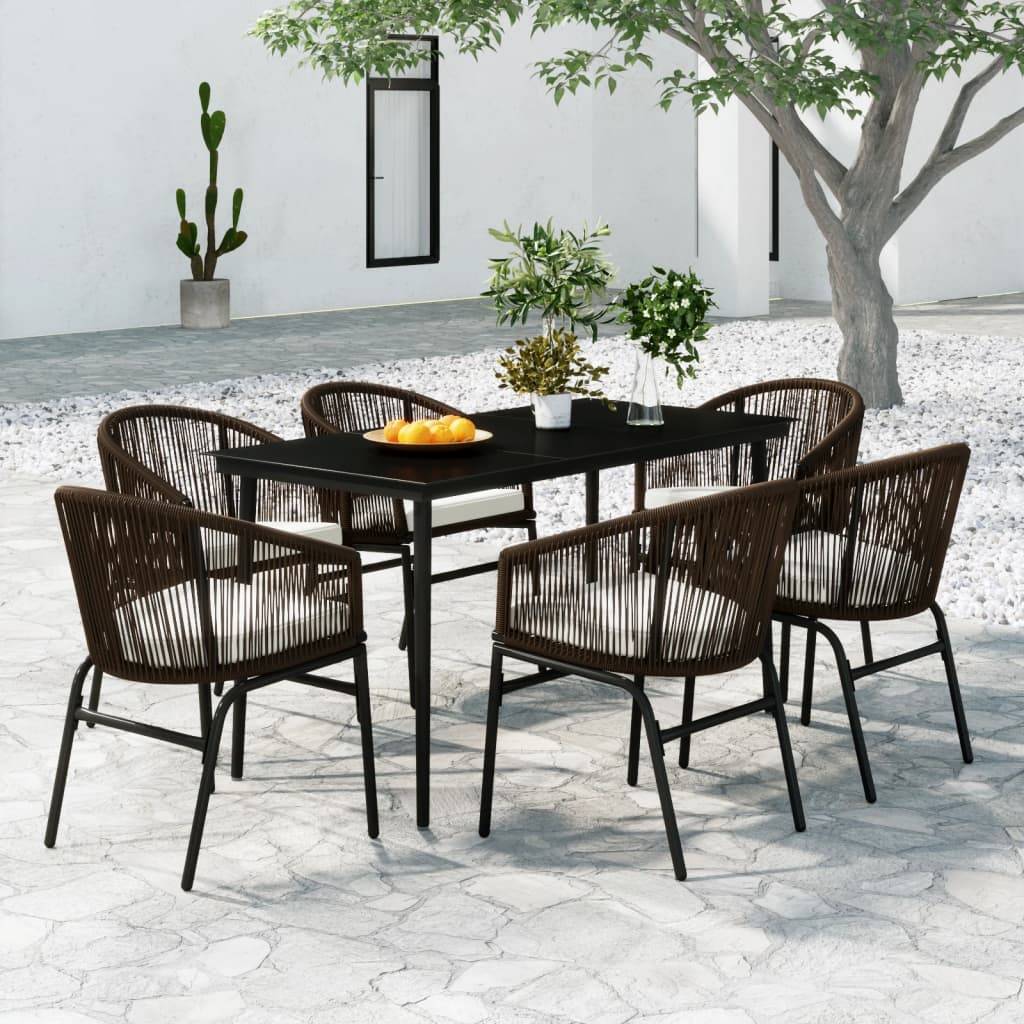 Ensemble Repas 6P 140cm Rotin PVC Coussins Crème Marron – ComfortXL Outdoor Living - Image 1