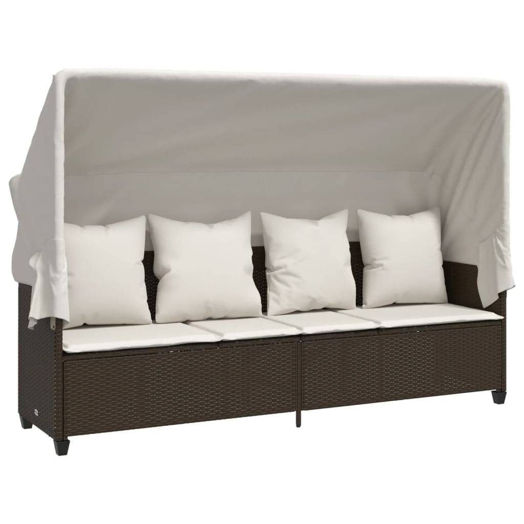 Chaise longue | Transat | Bain de soleil avec auvent et coussins marron résine tressée - Image 1
