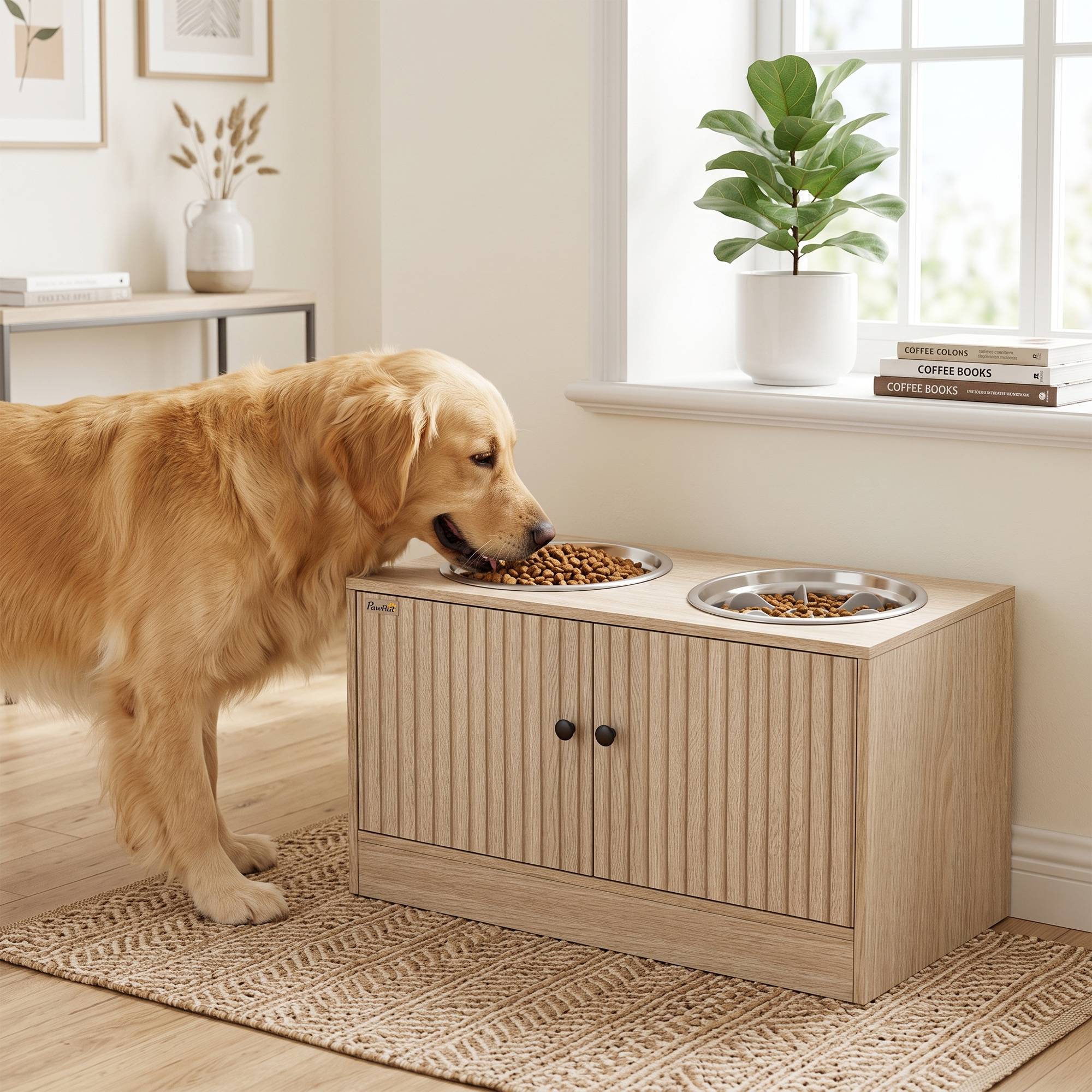 ComfortXL - Station repas chien surélevée panneau aggloméré effet chêne 2 gamelles inox 2 L rangement 40 L grands chiens - Image 8