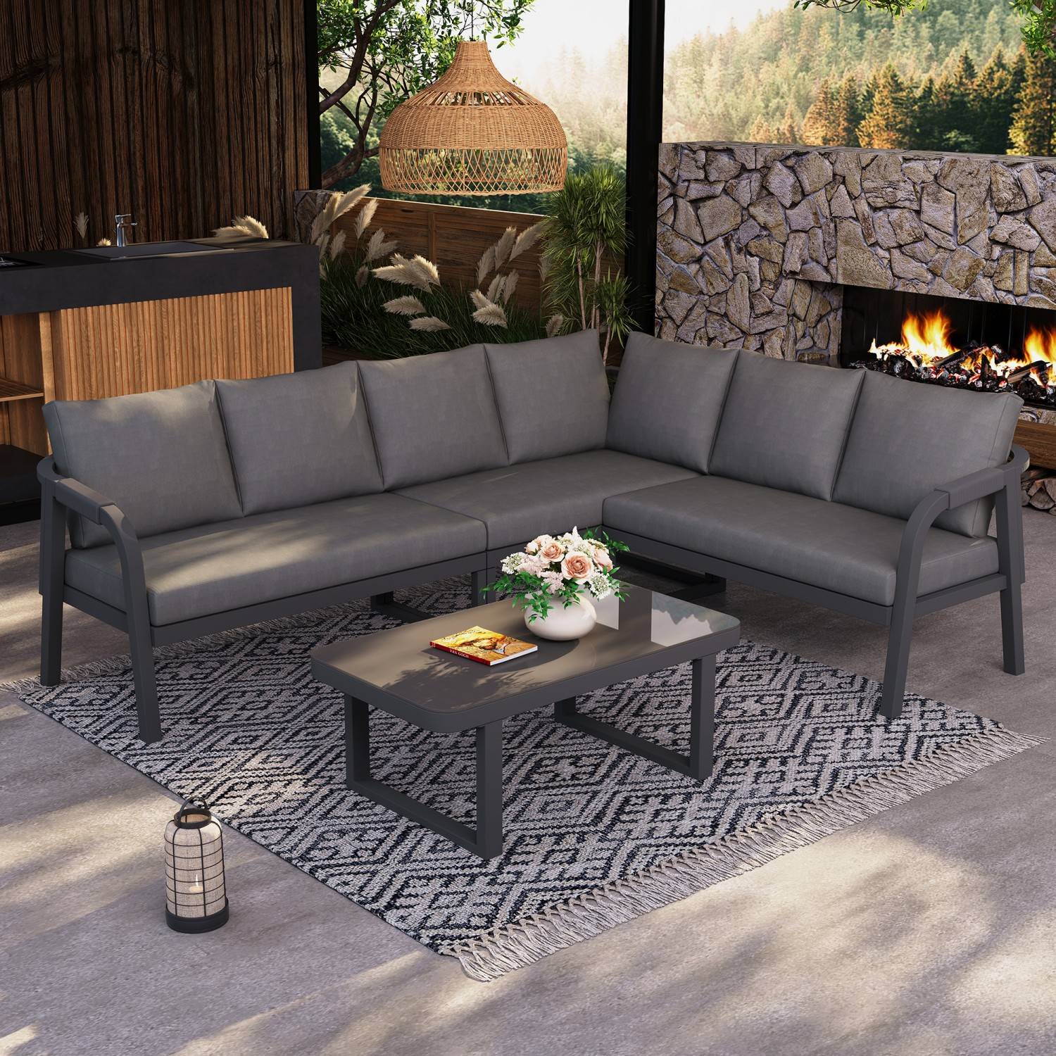 Ensemble de mobilier de jardin, accoudoirs et dossier tressés, en tubes d'acier galvanisé,gris - Image 2