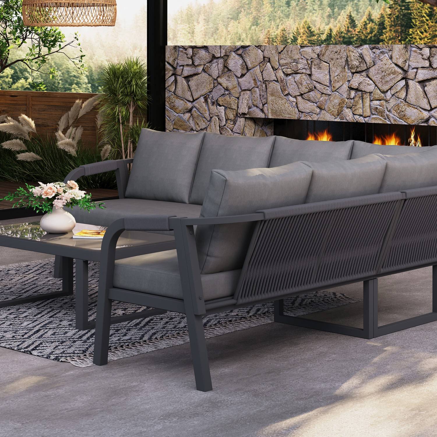 Ensemble de mobilier de jardin, accoudoirs et dossier tressés, en tubes d'acier galvanisé,gris - Image 3