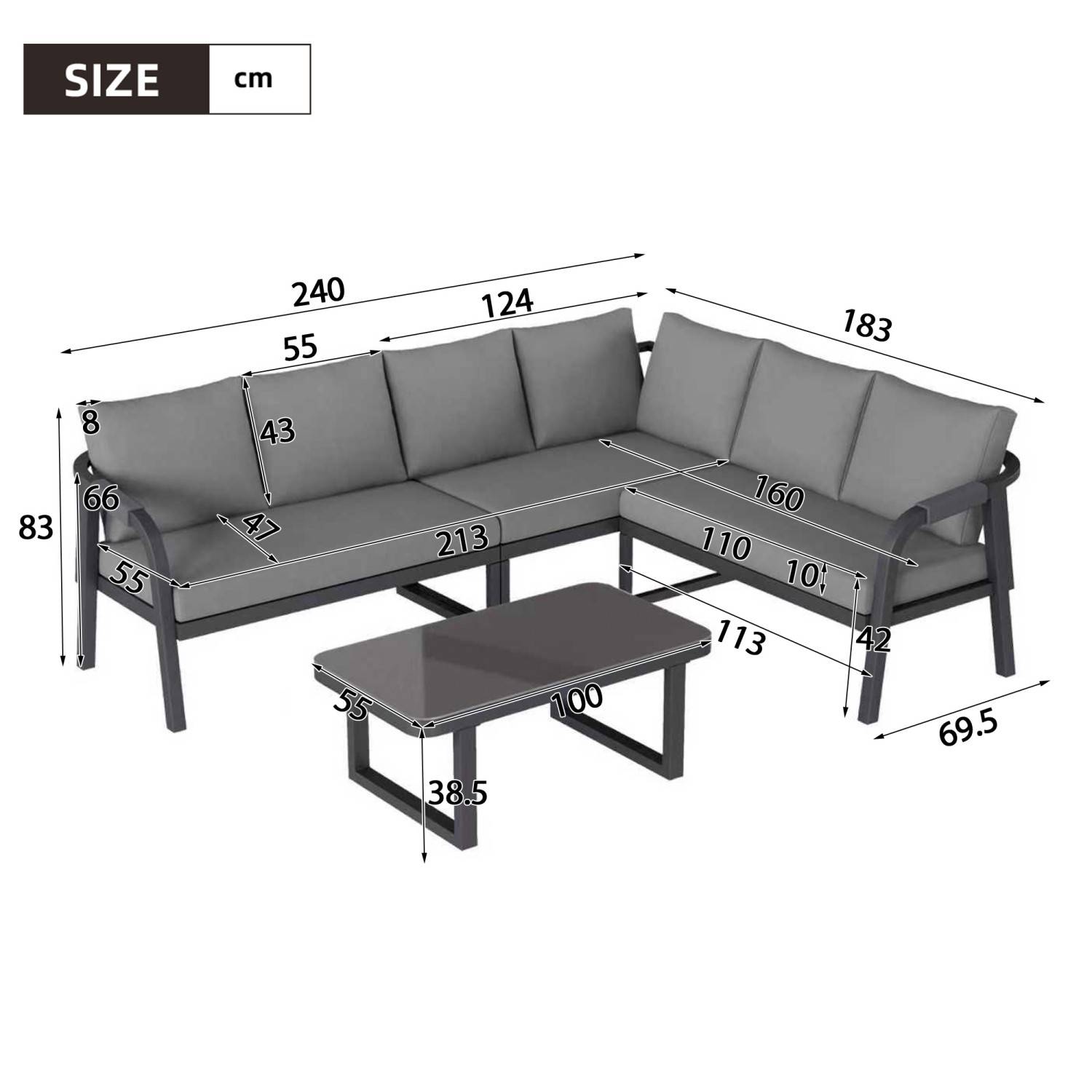 Ensemble de mobilier de jardin, accoudoirs et dossier tressés, en tubes d'acier galvanisé,gris - Image 4