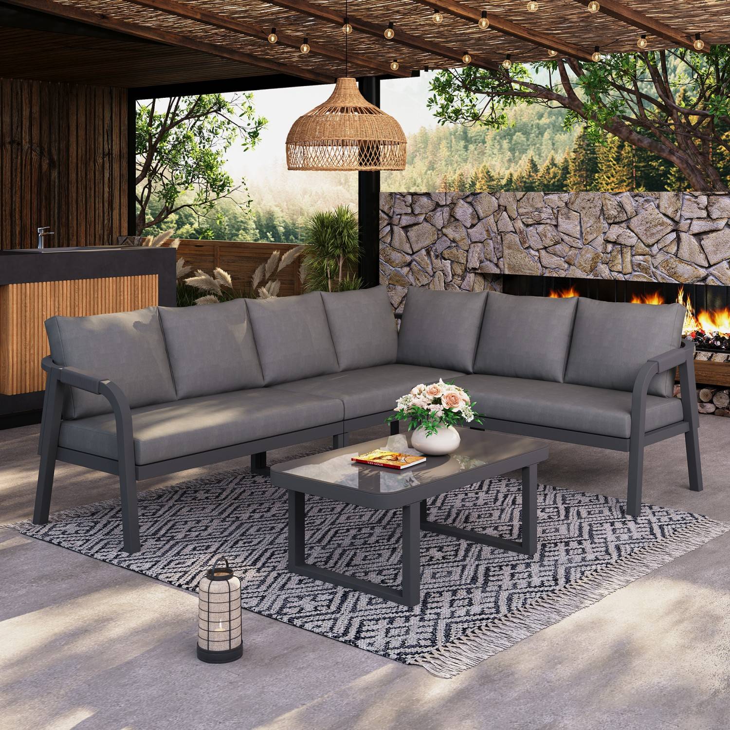 Ensemble de mobilier de jardin, accoudoirs et dossier tressés, en tubes d'acier galvanisé,gris - Image 1