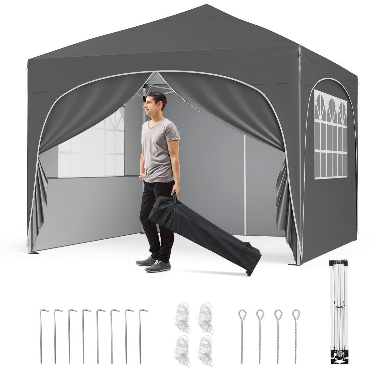 Tonnelle de Jardin 3x3M avec 4 Parois Amovibles Tente de Reception Portable Sac à Roulettes Gris - Image 1