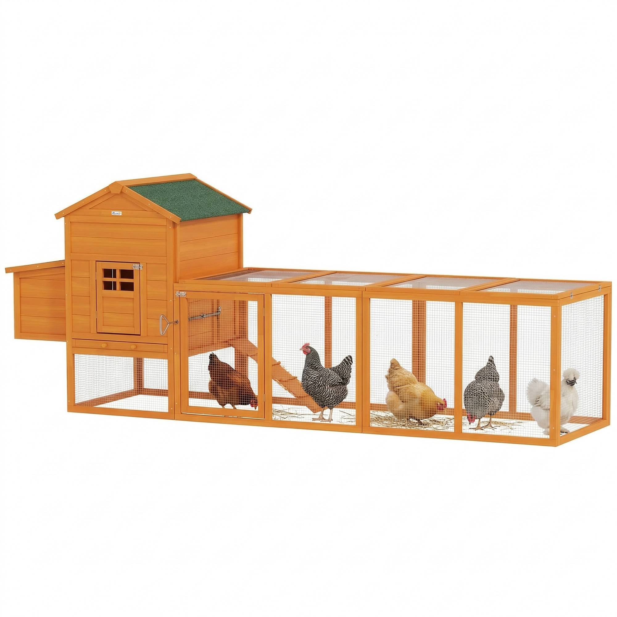 Grand poulailler en bois pour 3 à 6 poules, toit en asphalte, pondoir et plateau amovible, 297,5 x 68 x 118 cm, naturel