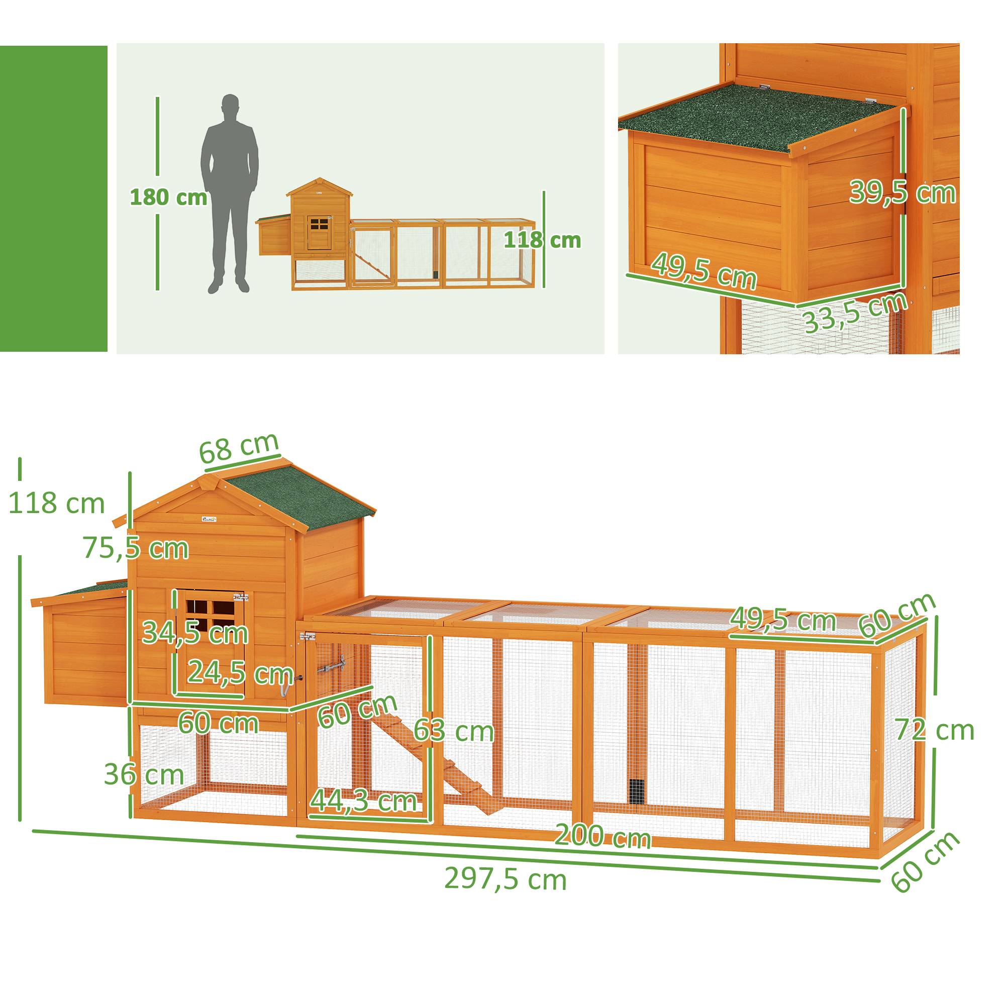 Grand poulailler en bois pour 3 à 6 poules, toit en asphalte, pondoir et plateau amovible, 297,5 x 68 x 118 cm, naturel - Image 5