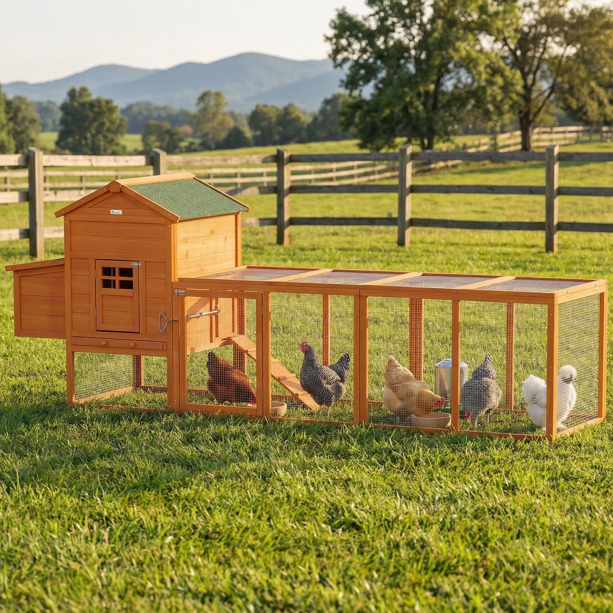 Grand poulailler en bois pour 3 à 6 poules, toit en asphalte, pondoir et plateau amovible, 297,5 x 68 x 118 cm, naturel - Image 3