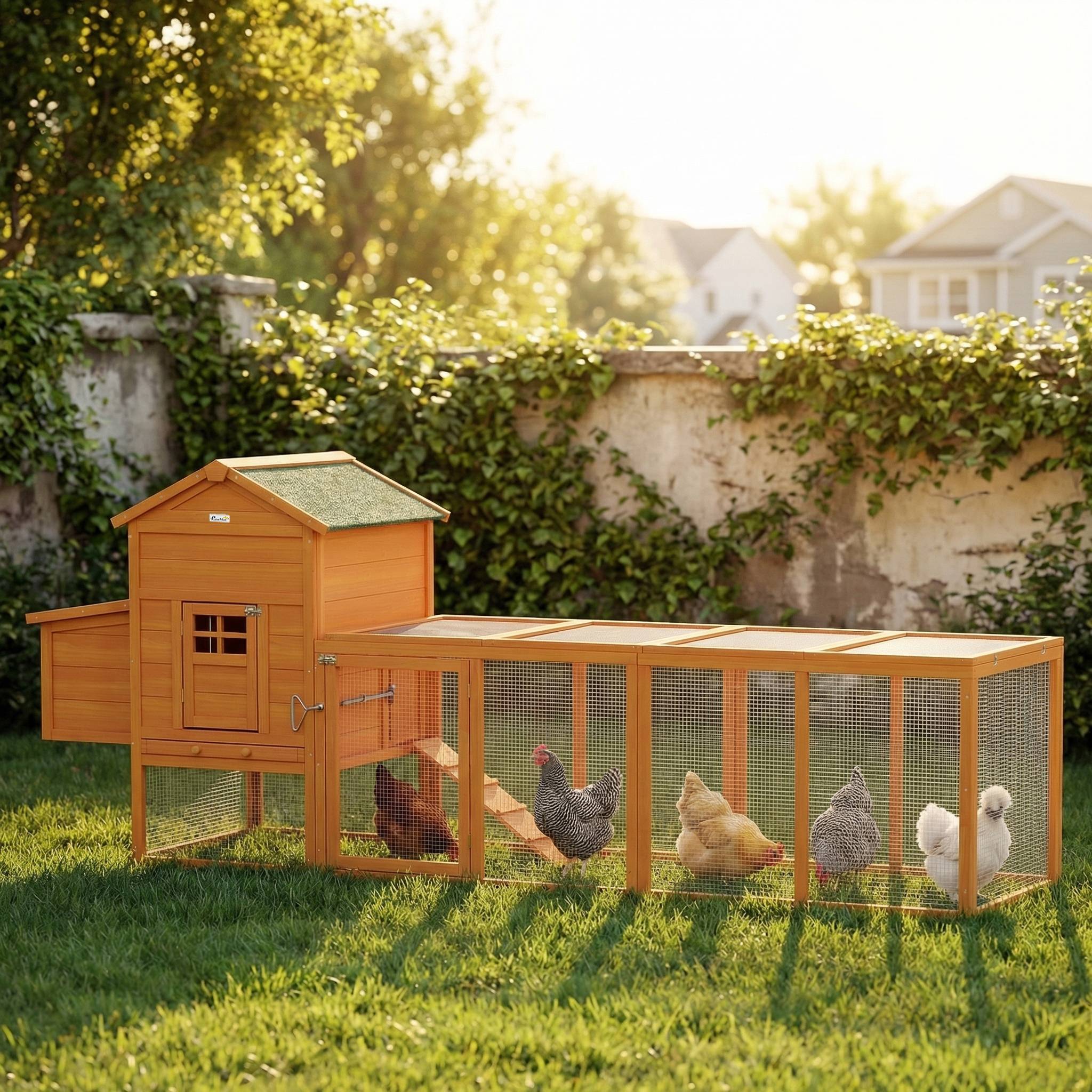 Grand poulailler en bois pour 3 à 6 poules, toit en asphalte, pondoir et plateau amovible, 297,5 x 68 x 118 cm, naturel - Image 4