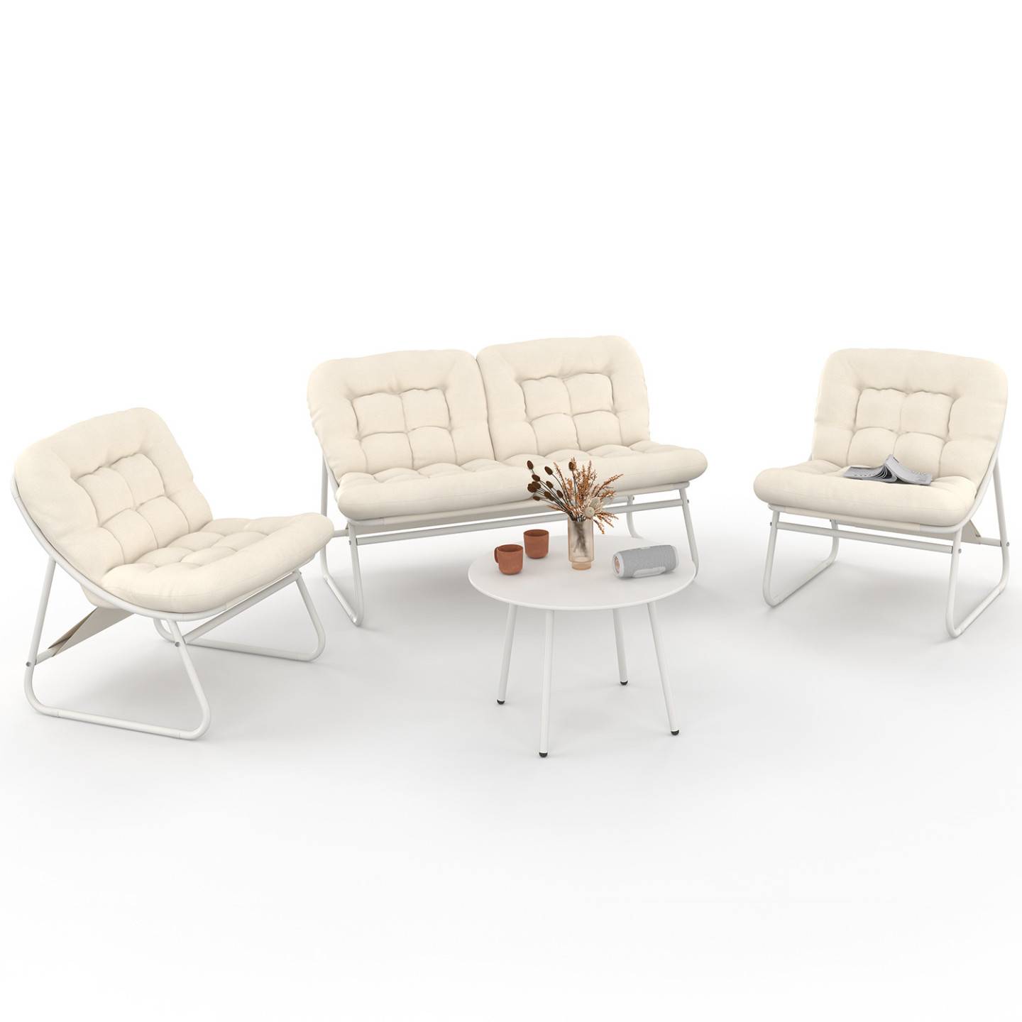 IDMARKET - Salon de jardin bas ARONA 4 places en acier blanc et coussins beiges avec canapé, fauteuils et table - Image 2