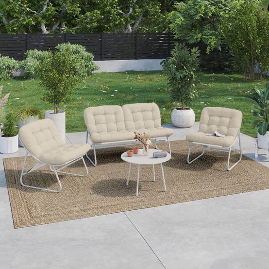IDMARKET - Salon de jardin bas ARONA 4 places en acier blanc et coussins beiges avec canapé, fauteuils et table - Image 1