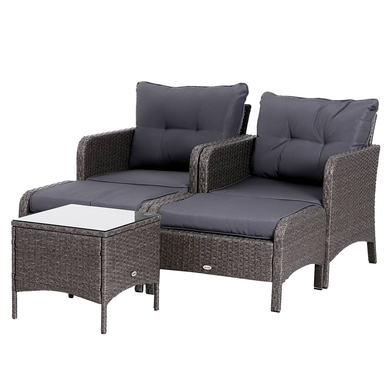 Outsunny - Lot de 2 fauteuils de jardin grand confort repose-pied table basse résine tressée imitation rotin coussins gris - Outsunny - Image 1