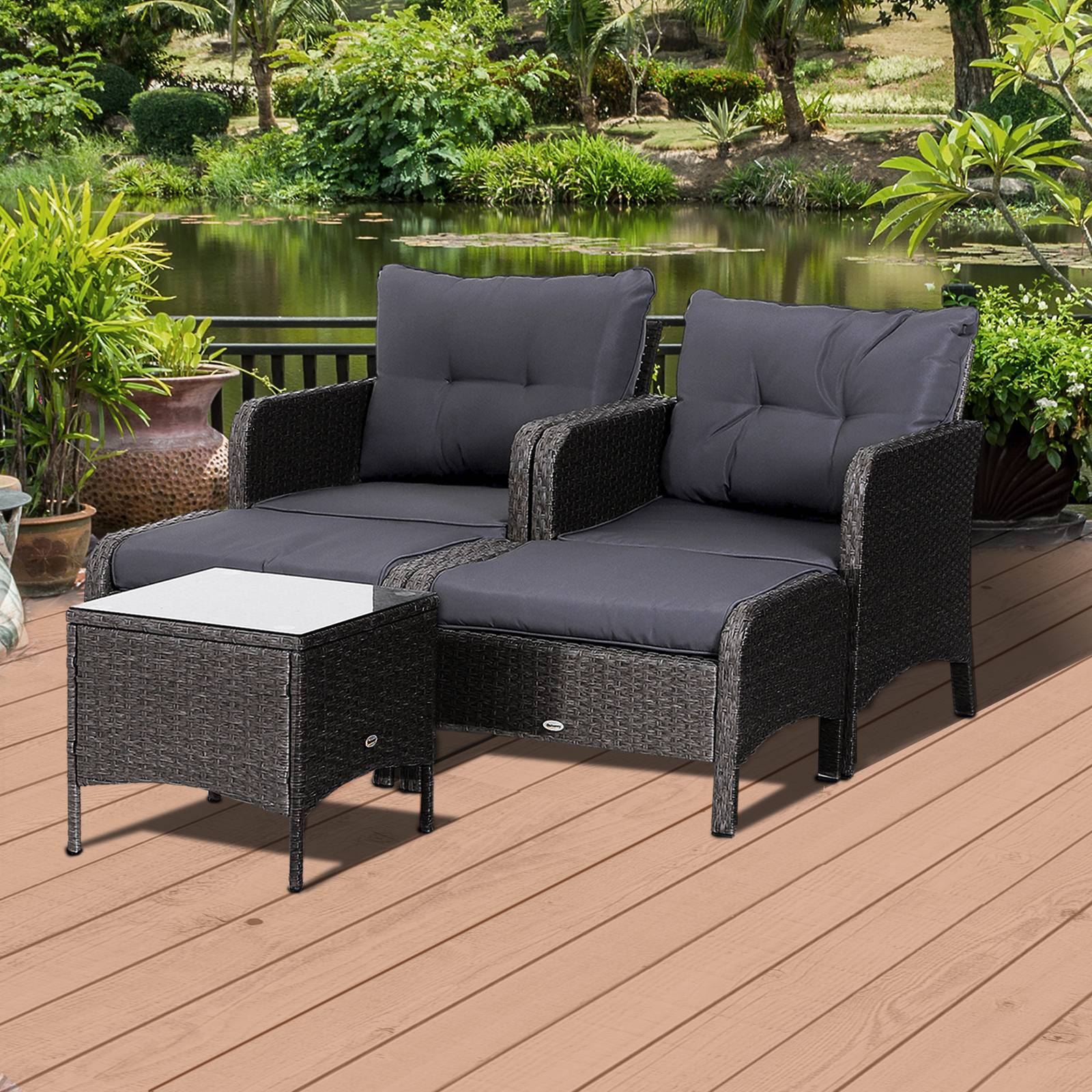 Outsunny - Lot de 2 fauteuils de jardin grand confort repose-pied table basse résine tressée imitation rotin coussins gris - Outsunny - Image 2