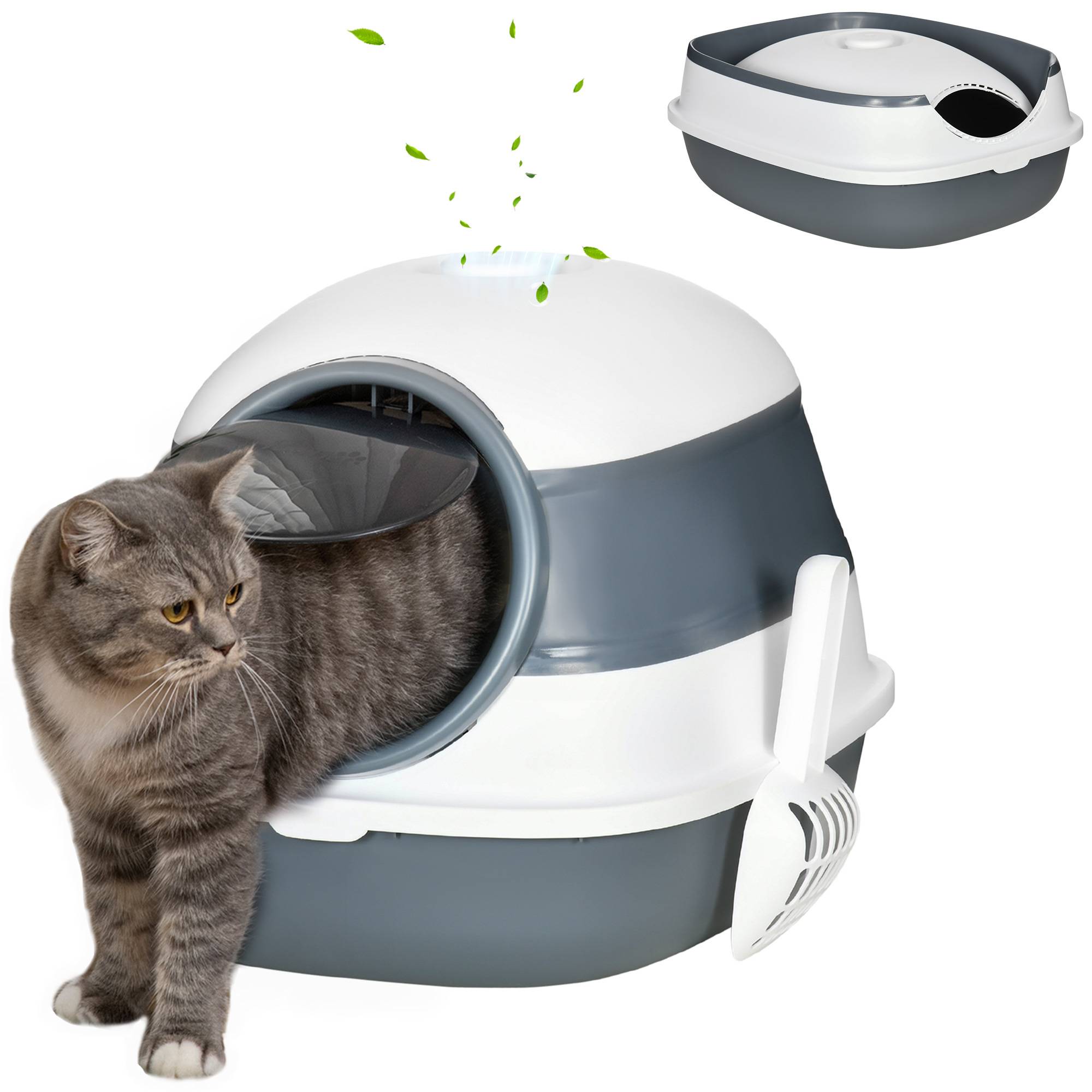 Maison de toilette pour chat pliable porte battante lucarne + pelle fournis 52 x 41 x 38 cm gris blanc - Image 1